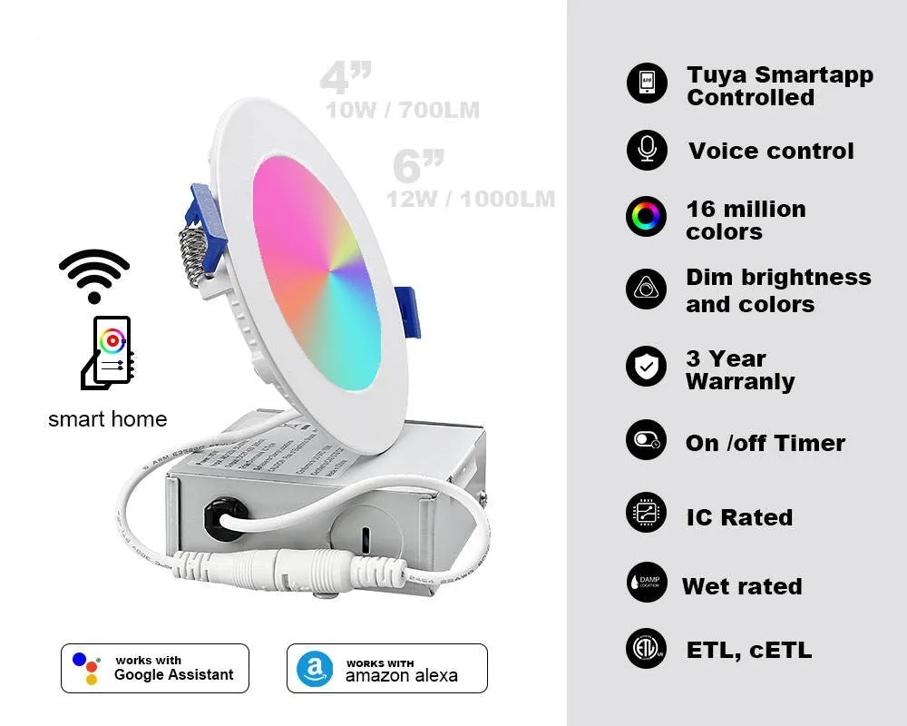 (10-PACK) 6 in. Smart WiFi Slim LED Downlight 900 Lumens Multicolor Dimmable CCT 2700-6500K Google Home/Alexa