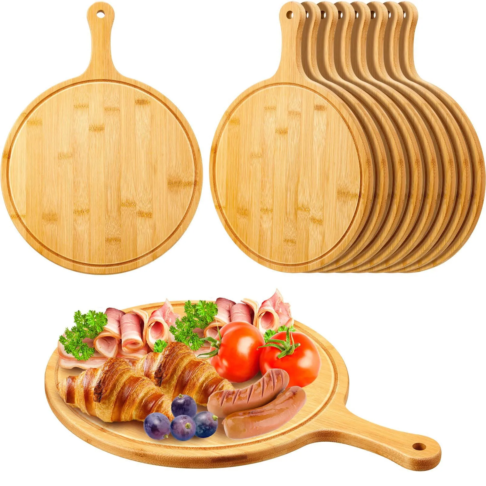 10 Pcs Round Wood Cutting Board with Handle Wooden Serving Board Kitchen Chopping Boards for Pizza, Bread, Cheese, Charcuterie, Fruit, Vegetables (15.75 x 11.81 x 0.6 Inch,Bamboo)