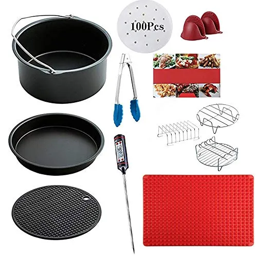 11PCS Air-Fryer-Accessories with Recipe-Cookbook-Liners, Non-stick Barrel/Pan   Metal Holder   Multi-Purpose Rack  Baking Mat