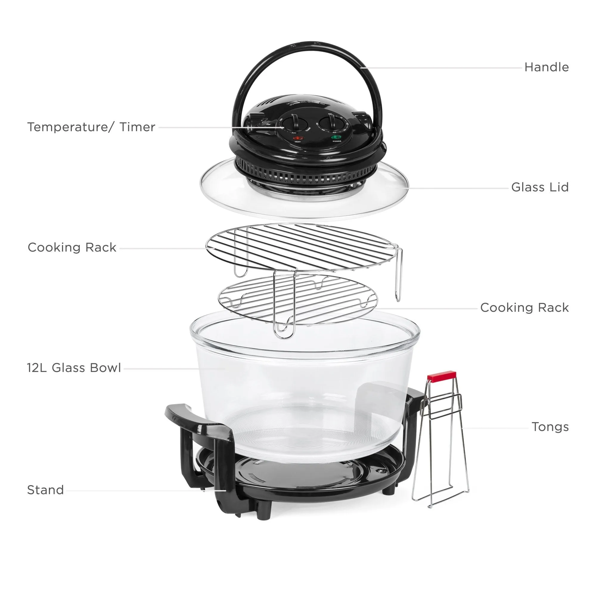 12L Electric Convection Glass Halogen Oven Cooker w/ 2 Wire Racks, Tongs