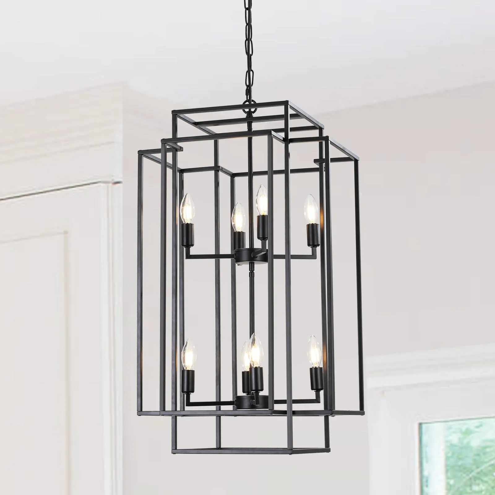 18.1" Vintage Lantern Chandelier Farmhouse Candle Chandelier (Black)