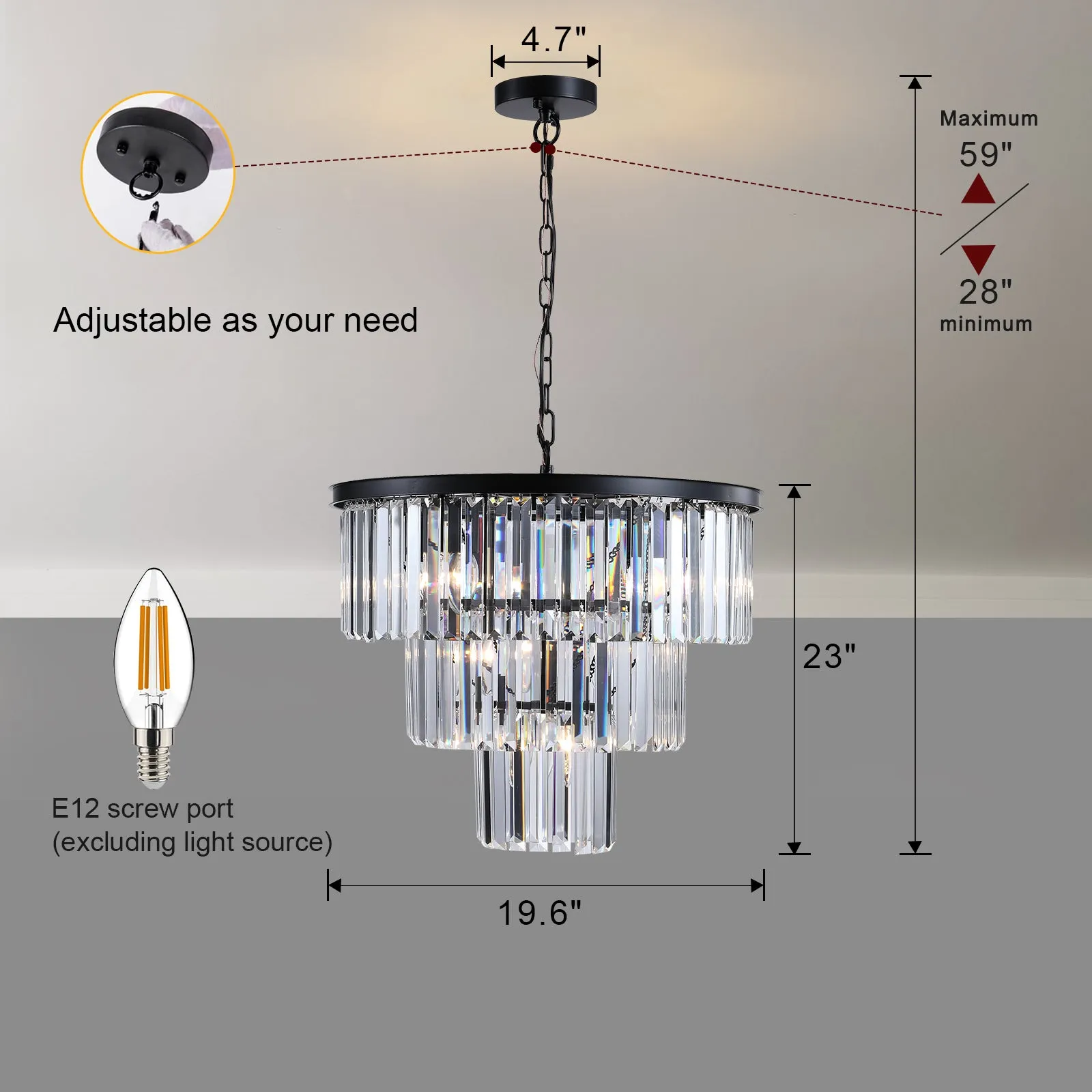 19.7 Inch Black Luxury K9 Crystal Chandelier Modern Chain Chandelier 4 Layers Clear Crystal Chandelier