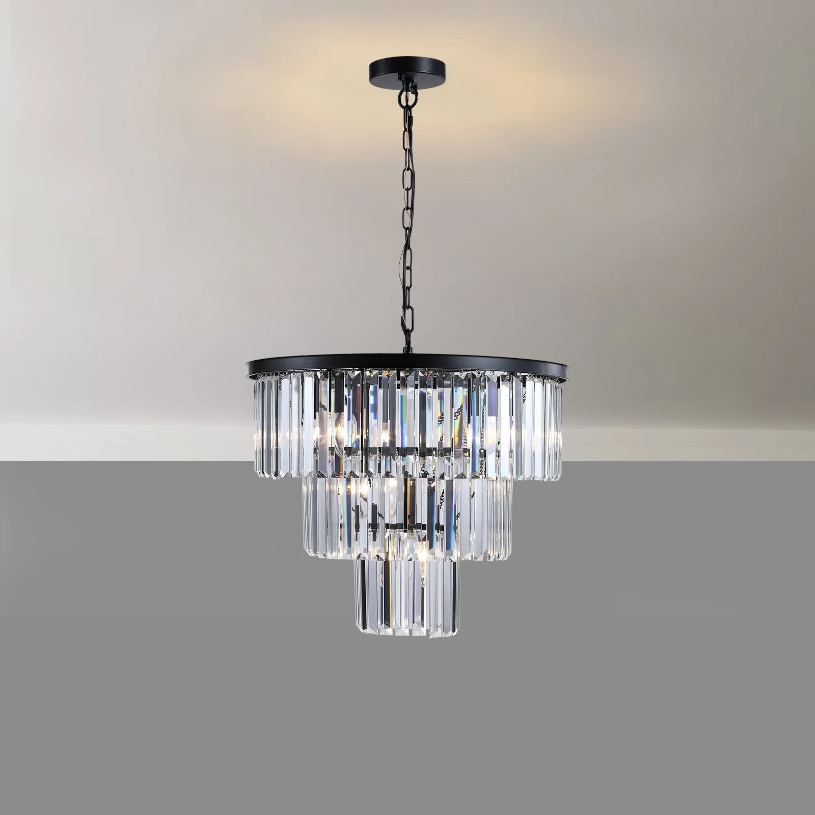 19.7 Inch Black Luxury K9 Crystal Chandelier Modern Chain Chandelier 4 Layers Clear Crystal Chandelier