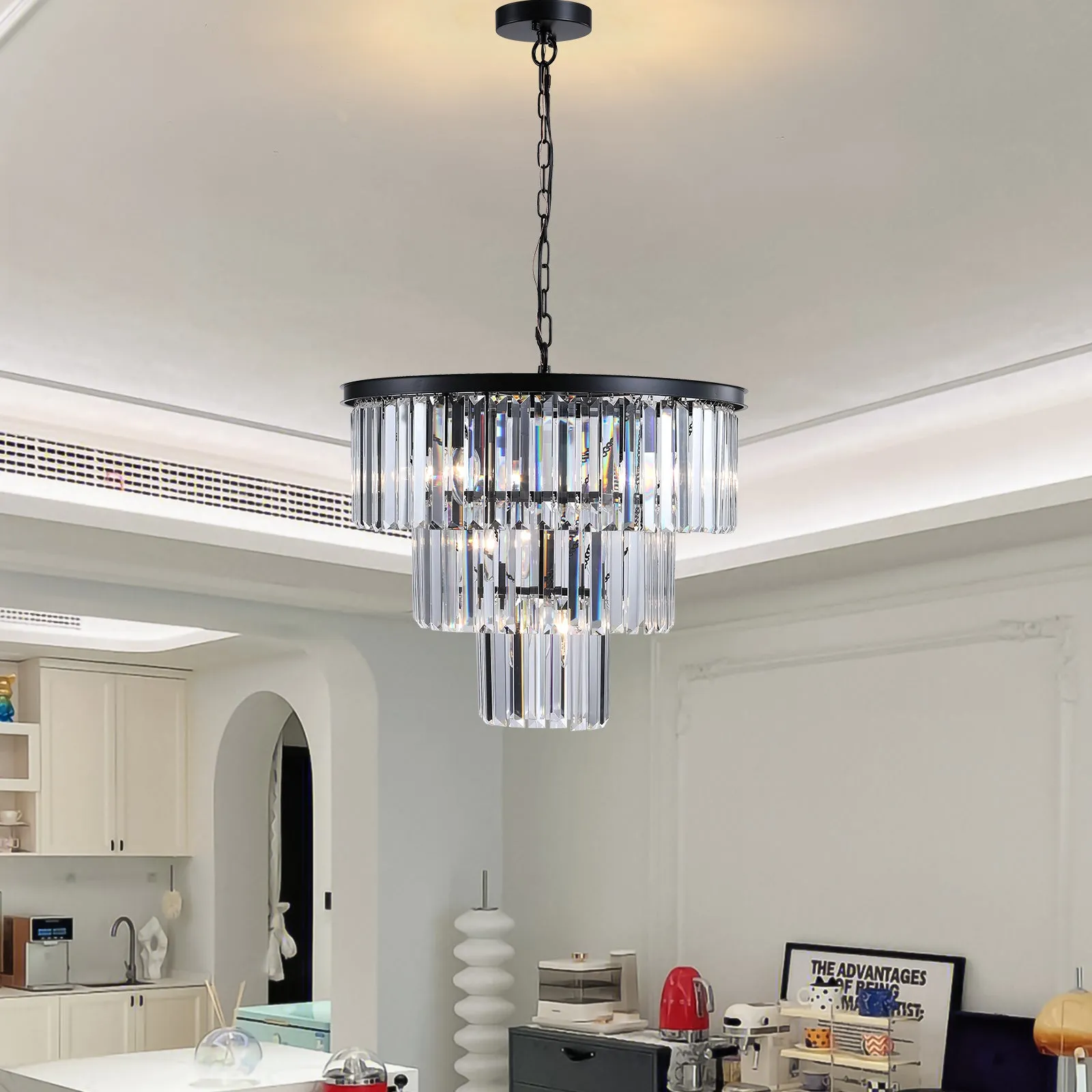 19.7 Inch Black Luxury K9 Crystal Chandelier Modern Chain Chandelier 4 Layers Clear Crystal Chandelier