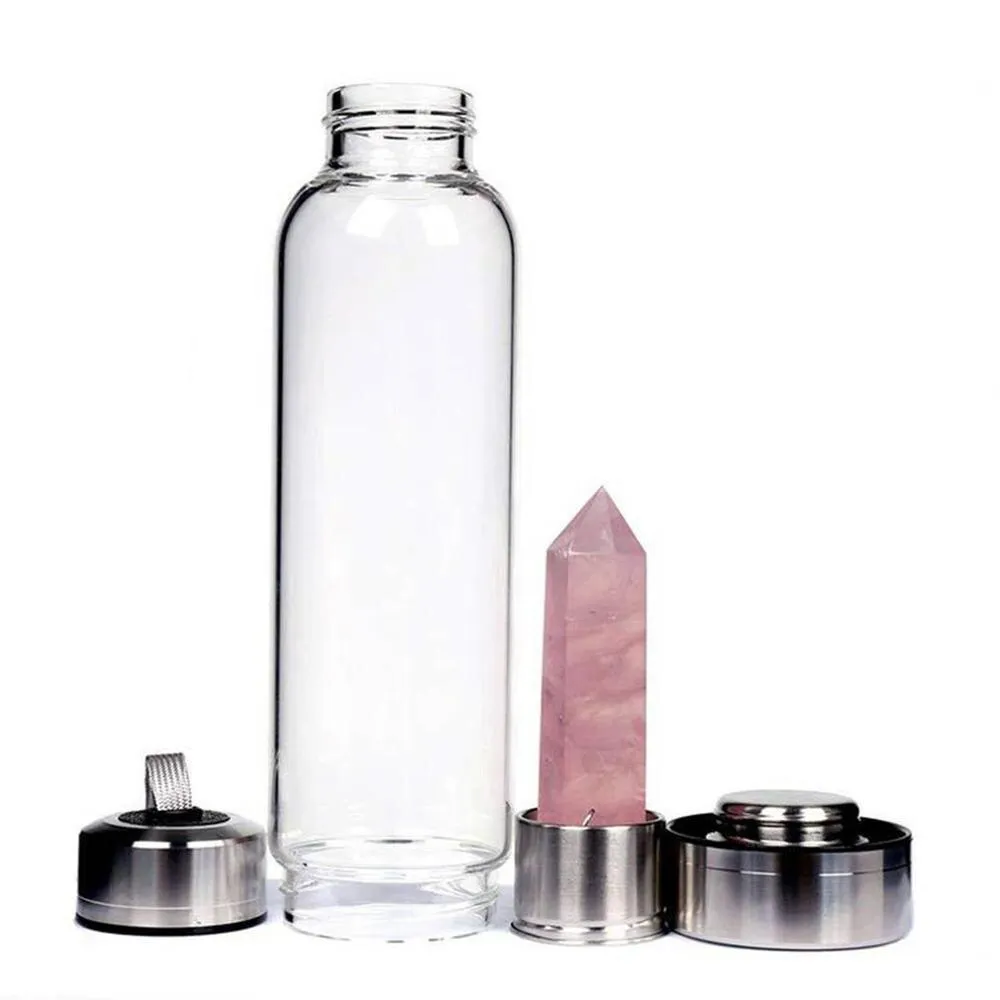 1PC Natural Quartz Gemstone Glass Water Bottle Direct Drinking Cup Glass Crystal Obelisk Wand Healing Wand Bottle Rope