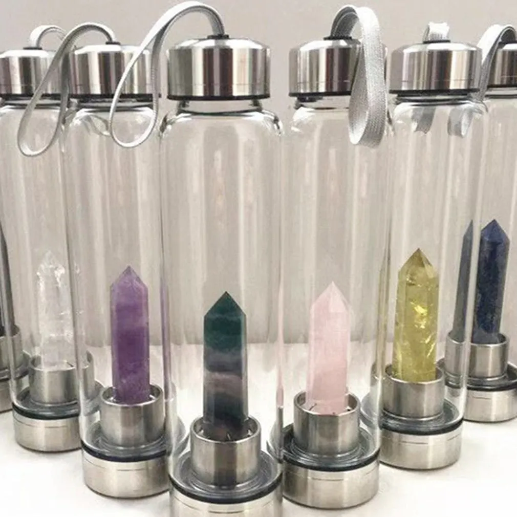 1PC Natural Quartz Gemstone Glass Water Bottle Direct Drinking Cup Glass Crystal Obelisk Wand Healing Wand Bottle Rope