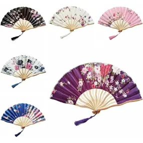 1pcs Vintage Flower Silk Folding Hand Fan Bamboo Chinese Fabric Fan Pattern Art Craft Japanese Decor Home Bride Folding Hand Fan