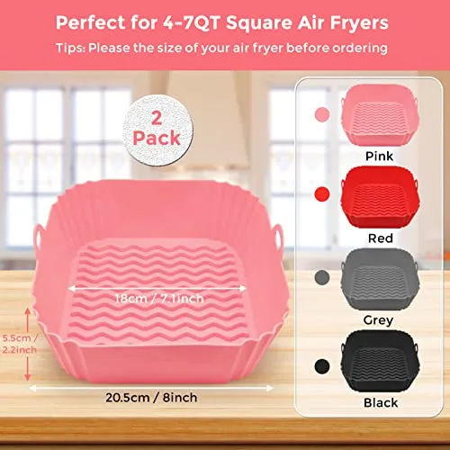 2 Pack Air Fryer Silicone Liners, 8 Inch Reusable Heat Resistant Square Food Grade Silicone Air fryer Pots Inserts Baskets Bowl Accessories for COSORI Instant Vortex 4 to 7 QT Air Fryer Oven Microwave