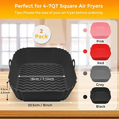 2 Pack Air Fryer Silicone Liners, Square Non-Stick Airfryer Liners Reusable Pot, Heat Resistant Air Fryer Accessories, Deep Fryer Baskets for 4 to 7 QT Oven Microwave Air Fryer Silicone Baking Tray