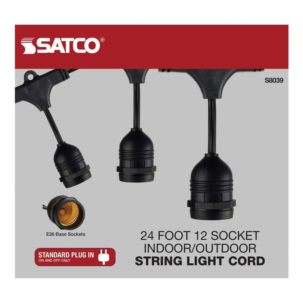 24Ft - LED String Light - 12 Socketed Black Cord and Plug Only