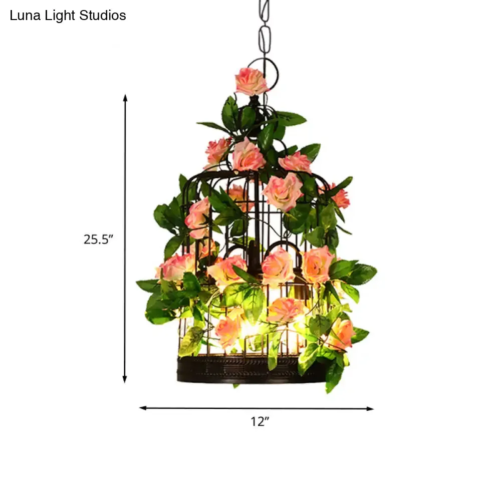 3-Head Birdcage Chandelier Loft Pendant Light - Black Iron Suspension with Rose and Leaf Accents