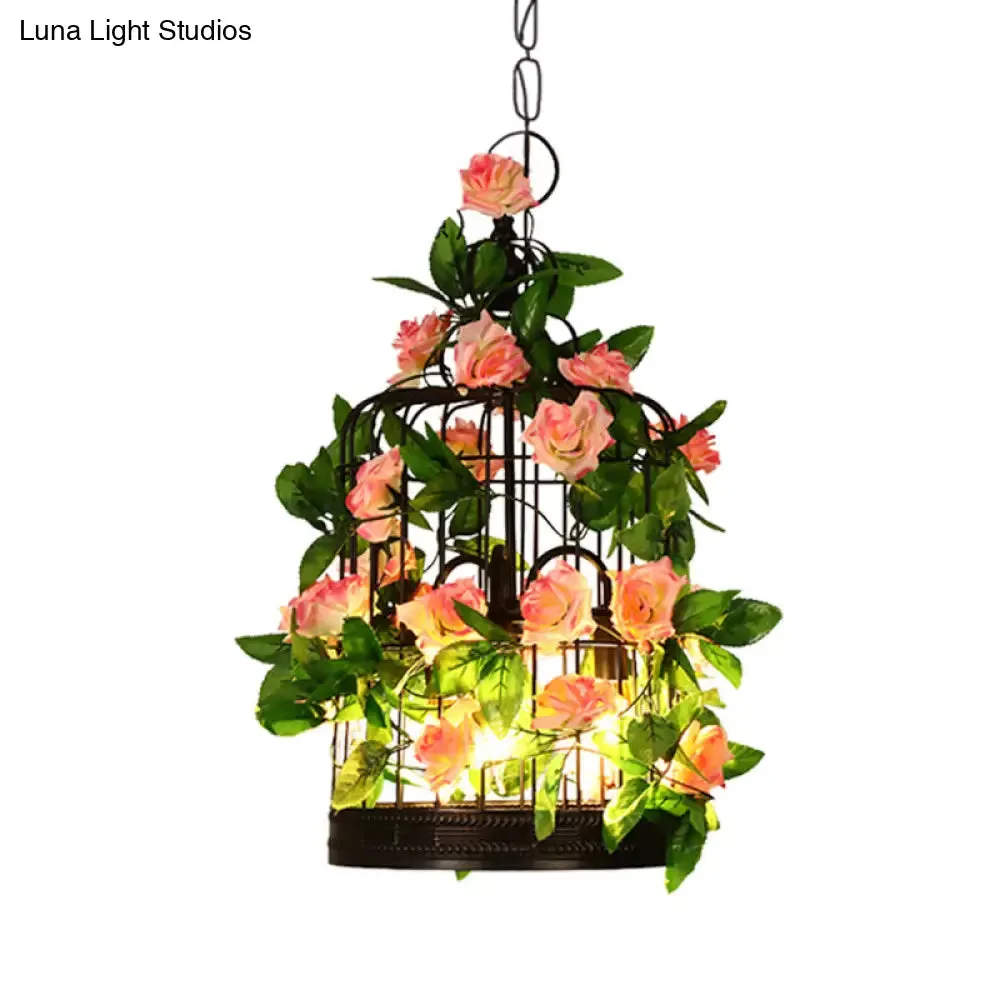 3-Head Birdcage Chandelier Loft Pendant Light - Black Iron Suspension with Rose and Leaf Accents