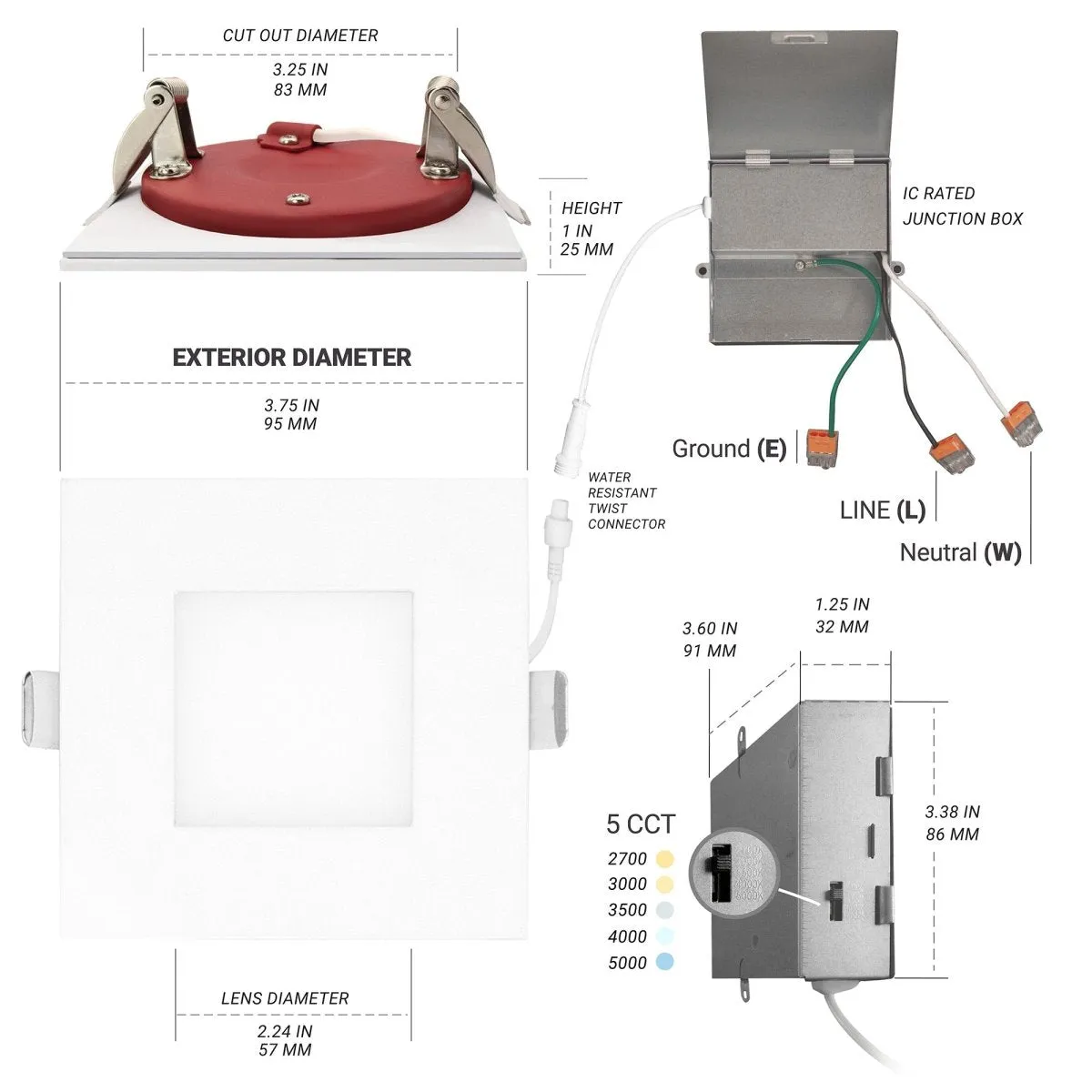 3" Inch Square 2 Hour Fire Rated Recessed Light Slim Canless LED Wafer Lights - Wet Rated - 5CCT 2700K-5000K - 550LM