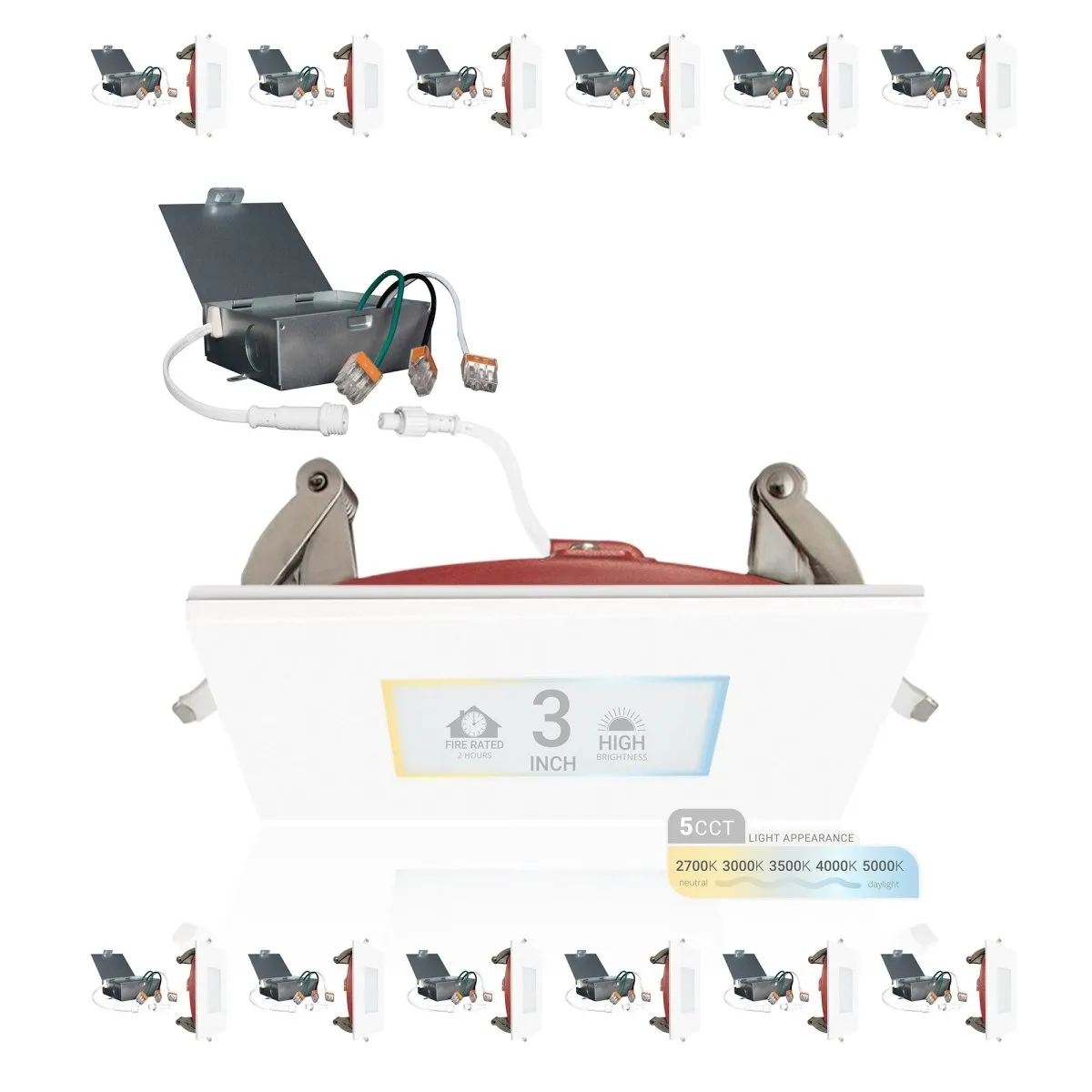 3" Inch Square 2 Hour Fire Rated Recessed Light Slim Canless LED Wafer Lights - Wet Rated - 5CCT 2700K-5000K - 550LM