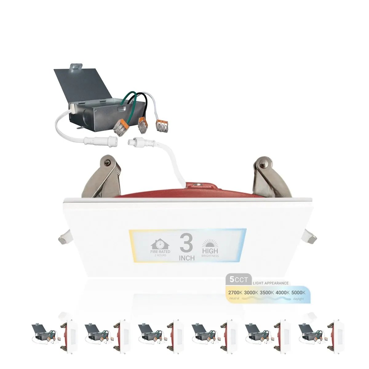 3" Inch Square 2 Hour Fire Rated Recessed Light Slim Canless LED Wafer Lights - Wet Rated - 5CCT 2700K-5000K - 550LM