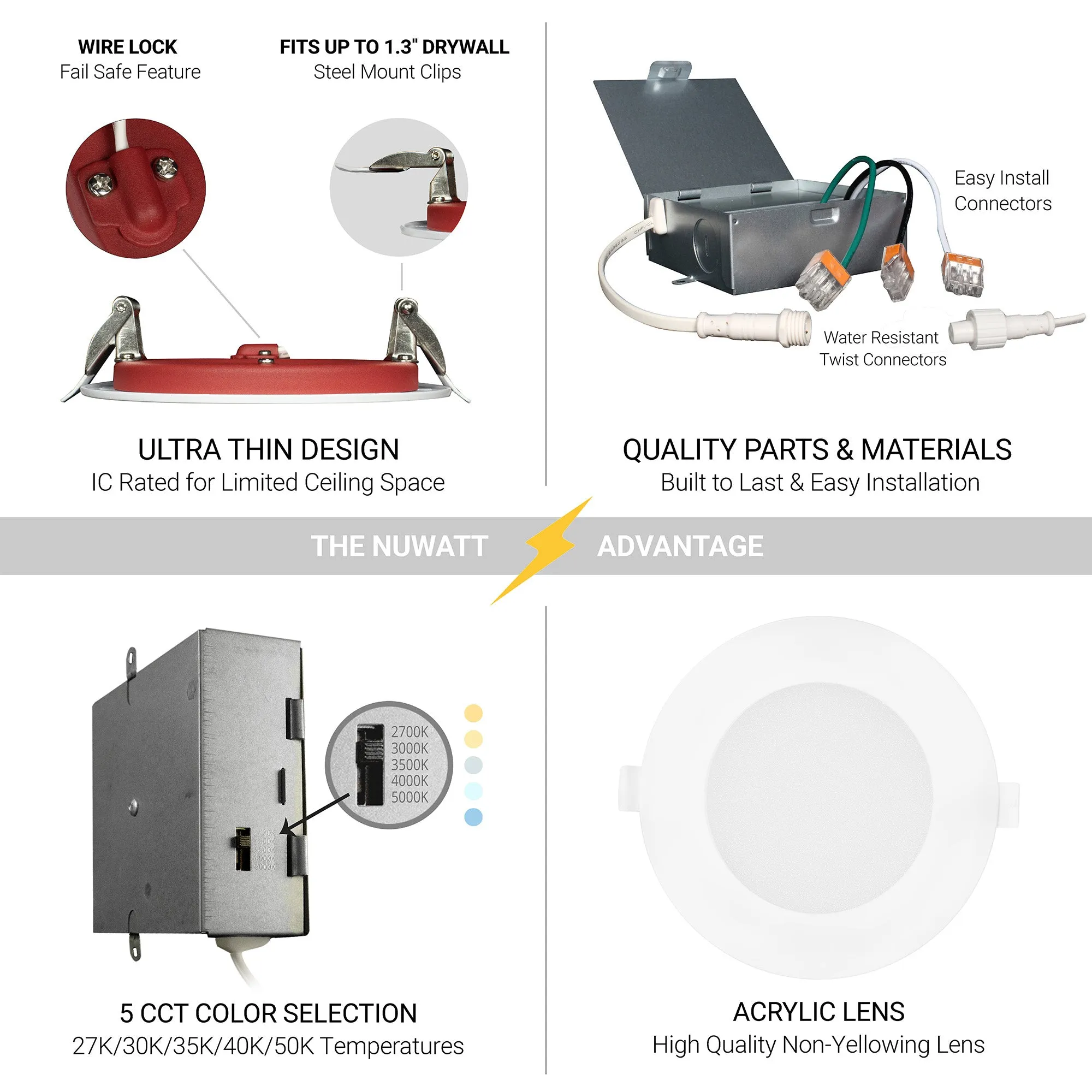 4" Inch 2 Hour Fire Rated Recessed Light Slim Canless LED Wafer Lights - Wet Rated - 5CCT 2700K-5000K- 900LM