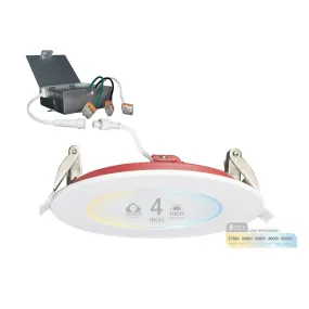 4" Inch 2 Hour Fire Rated Recessed Light Slim Canless LED Wafer Lights - Wet Rated - 5CCT 2700K-5000K- 900LM