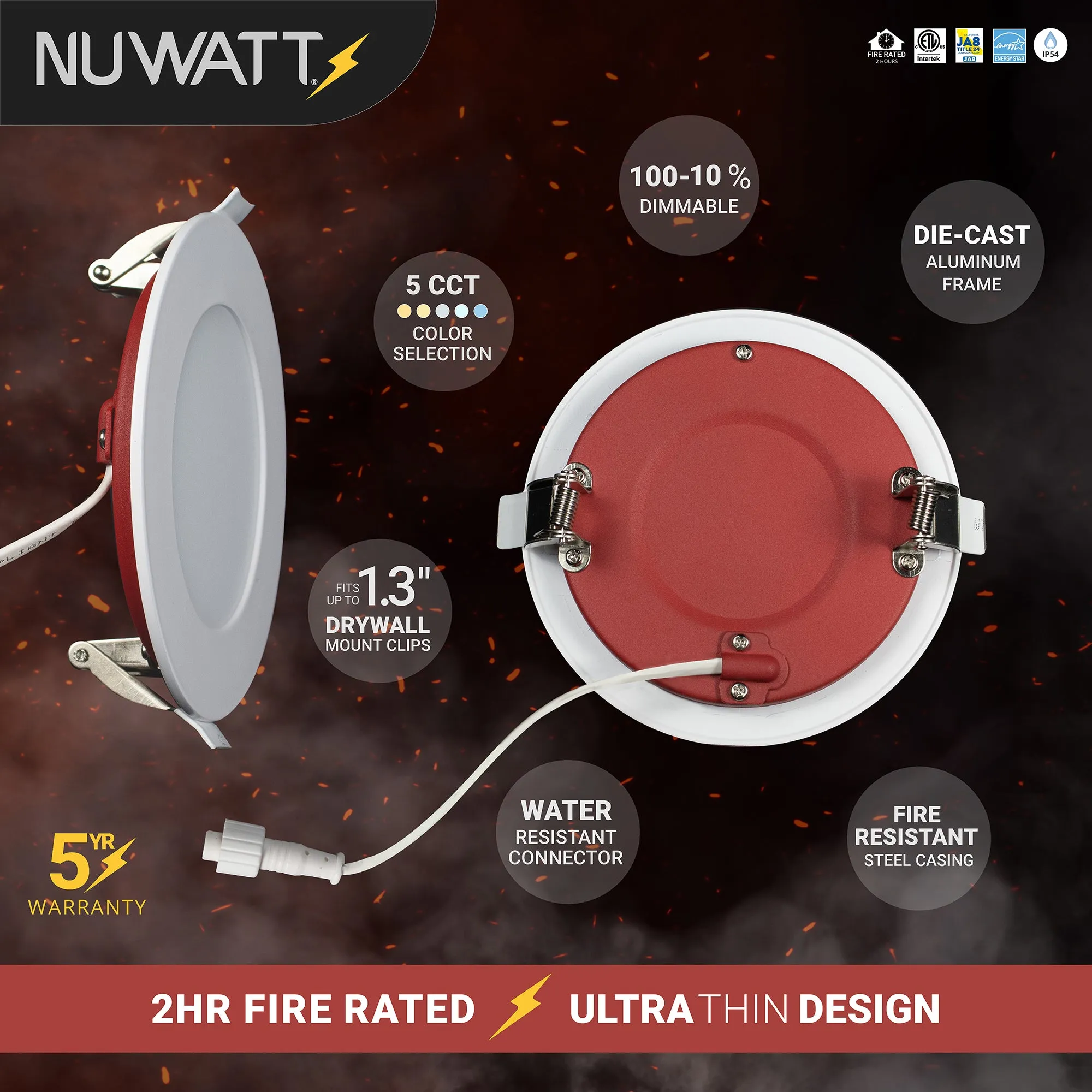 4" Inch 2 Hour Fire Rated Recessed Light Slim Canless LED Wafer Lights - Wet Rated - 5CCT 2700K-5000K- 900LM