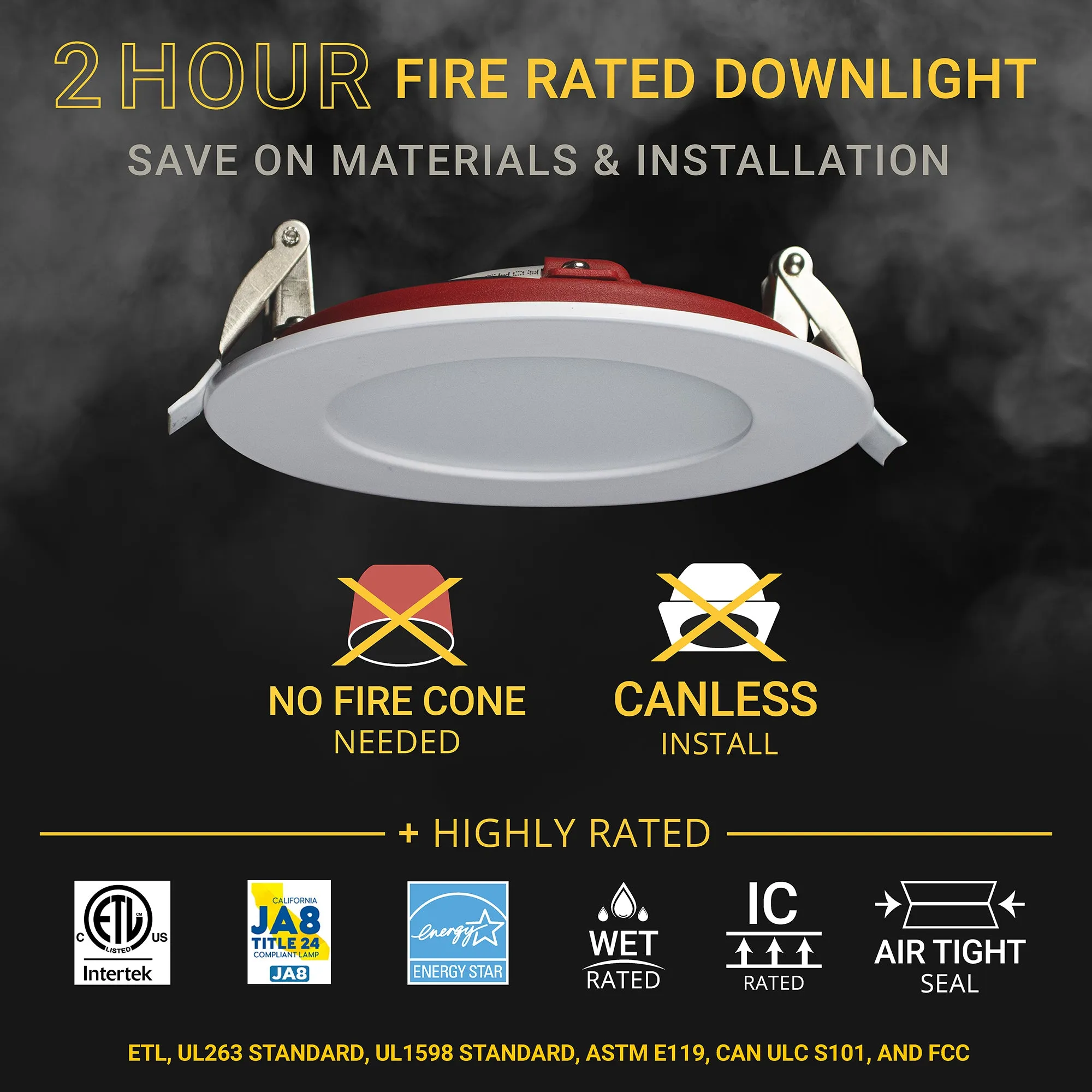 4" Inch 2 Hour Fire Rated Recessed Light Slim Canless LED Wafer Lights - Wet Rated - 5CCT 2700K-5000K- 900LM