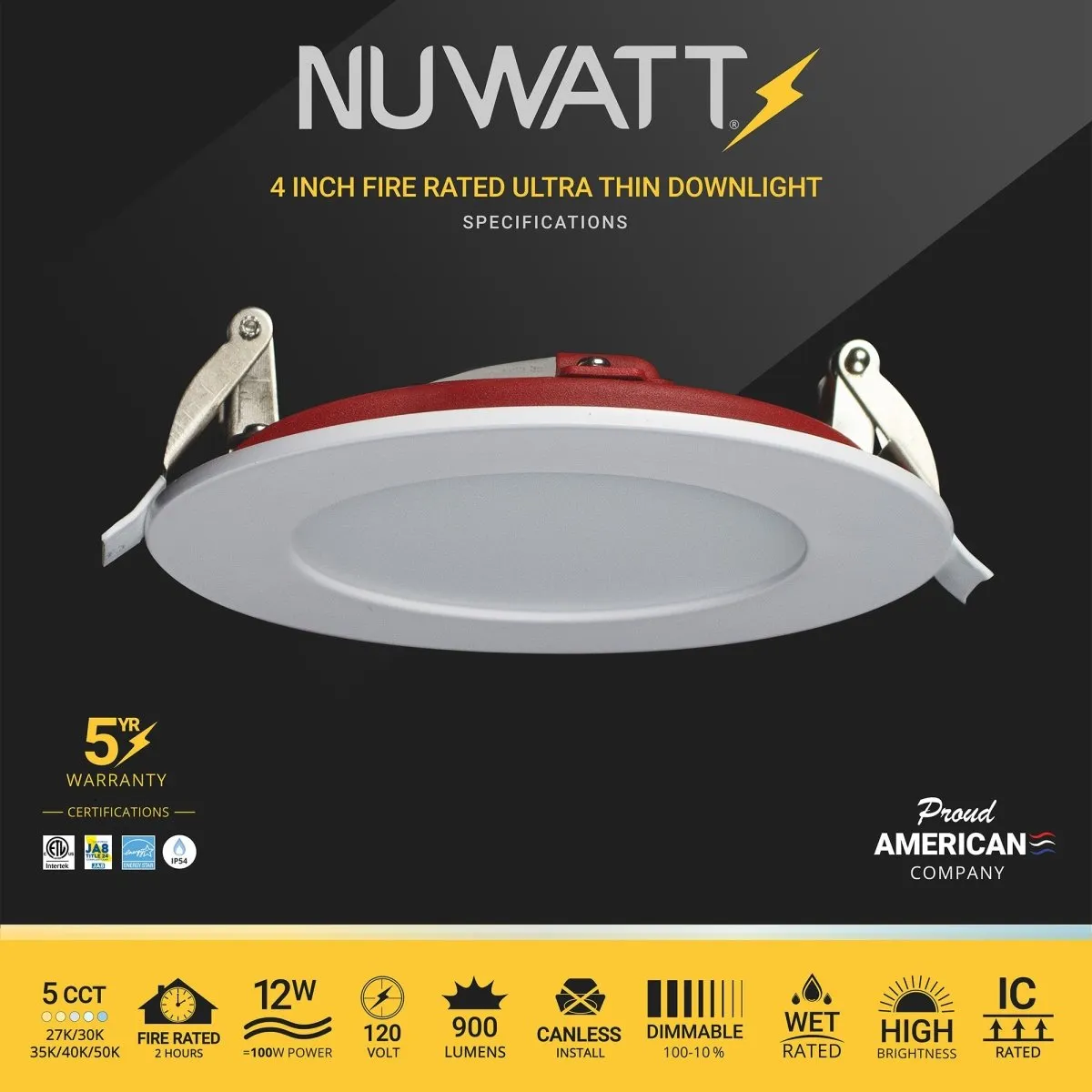 4" Inch 2 Hour Fire Rated Recessed Light Slim Canless LED Wafer Lights - Wet Rated - 5CCT 2700K-5000K- 900LM