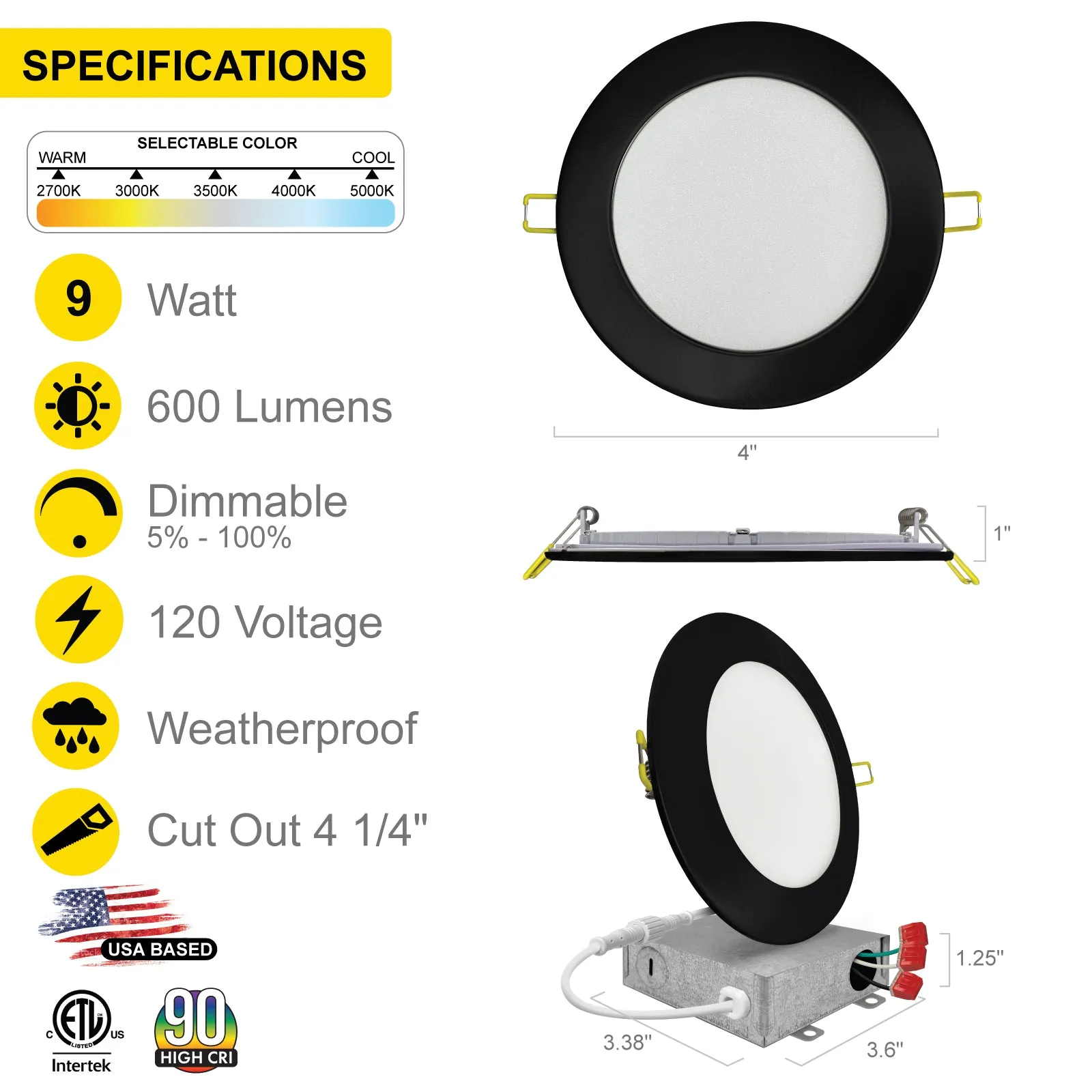 4" Inch Black Canless Recessed Lighting LED Wafer Lights - Wet Rated - 5CCT 2700K-5000K - 630LM