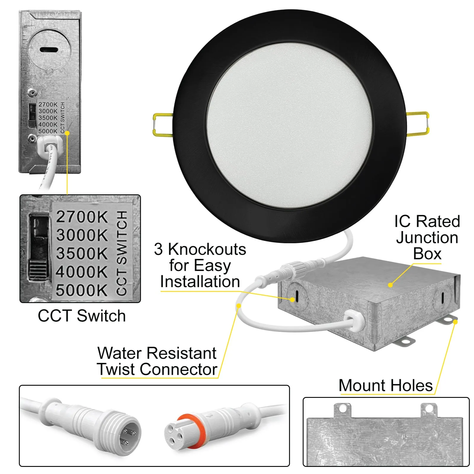 4" Inch Black Canless Recessed Lighting LED Wafer Lights - Wet Rated - 5CCT 2700K-5000K - 630LM