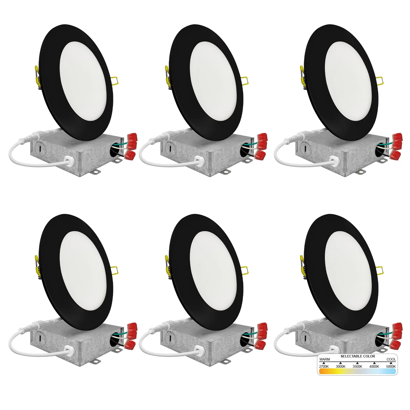 4" Inch Black Canless Recessed Lighting LED Wafer Lights - Wet Rated - 5CCT 2700K-5000K - 630LM