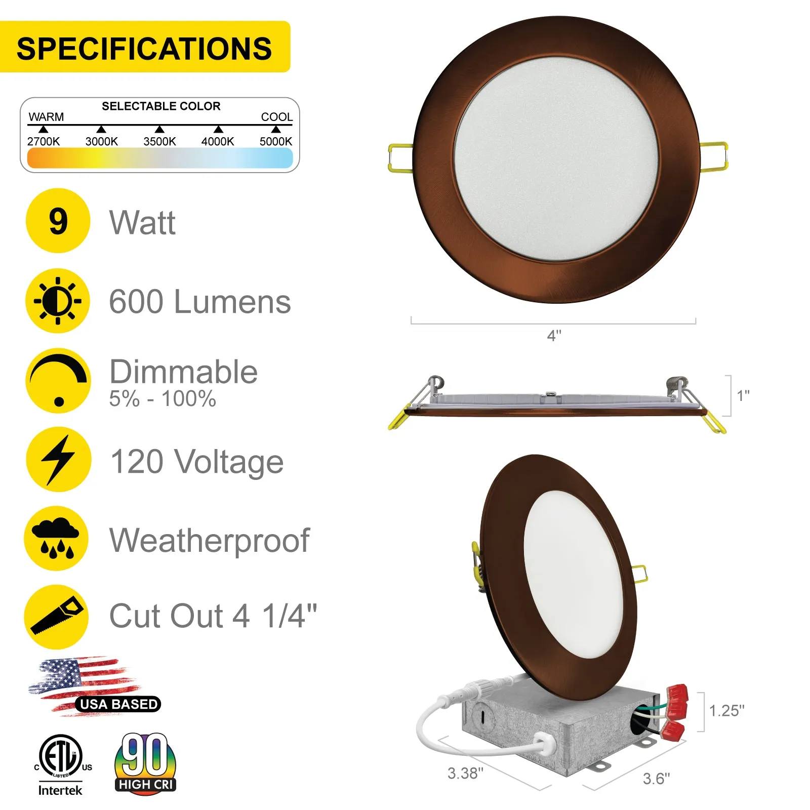 4" Inch Bronze Canless Recessed Lighting Slim LED Wafer Lights - Wet Rated - 5CCT 2700K-5000K - 630LM