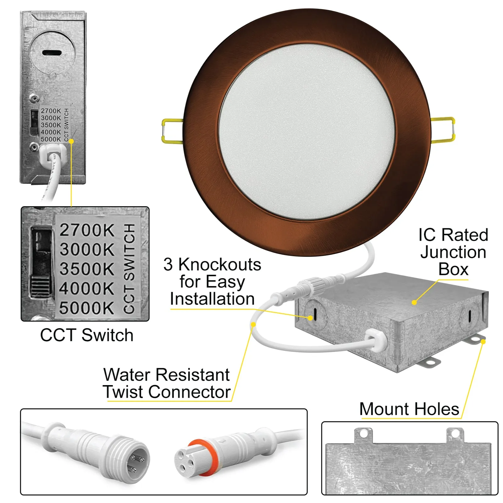 4" Inch Bronze Canless Recessed Lighting Slim LED Wafer Lights - Wet Rated - 5CCT 2700K-5000K - 630LM