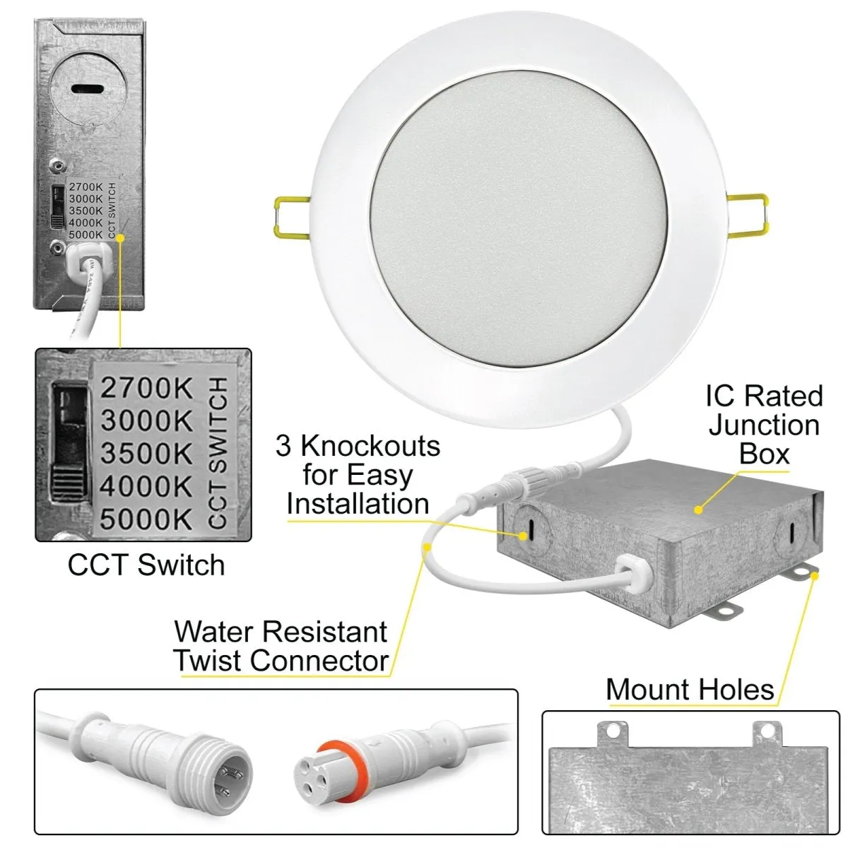 4" Inch Low Voltage Recessed Lighting 12V Canless LED Ceiling Lights - Wet Rated - 5CCT 2700K-5000K - 600LM