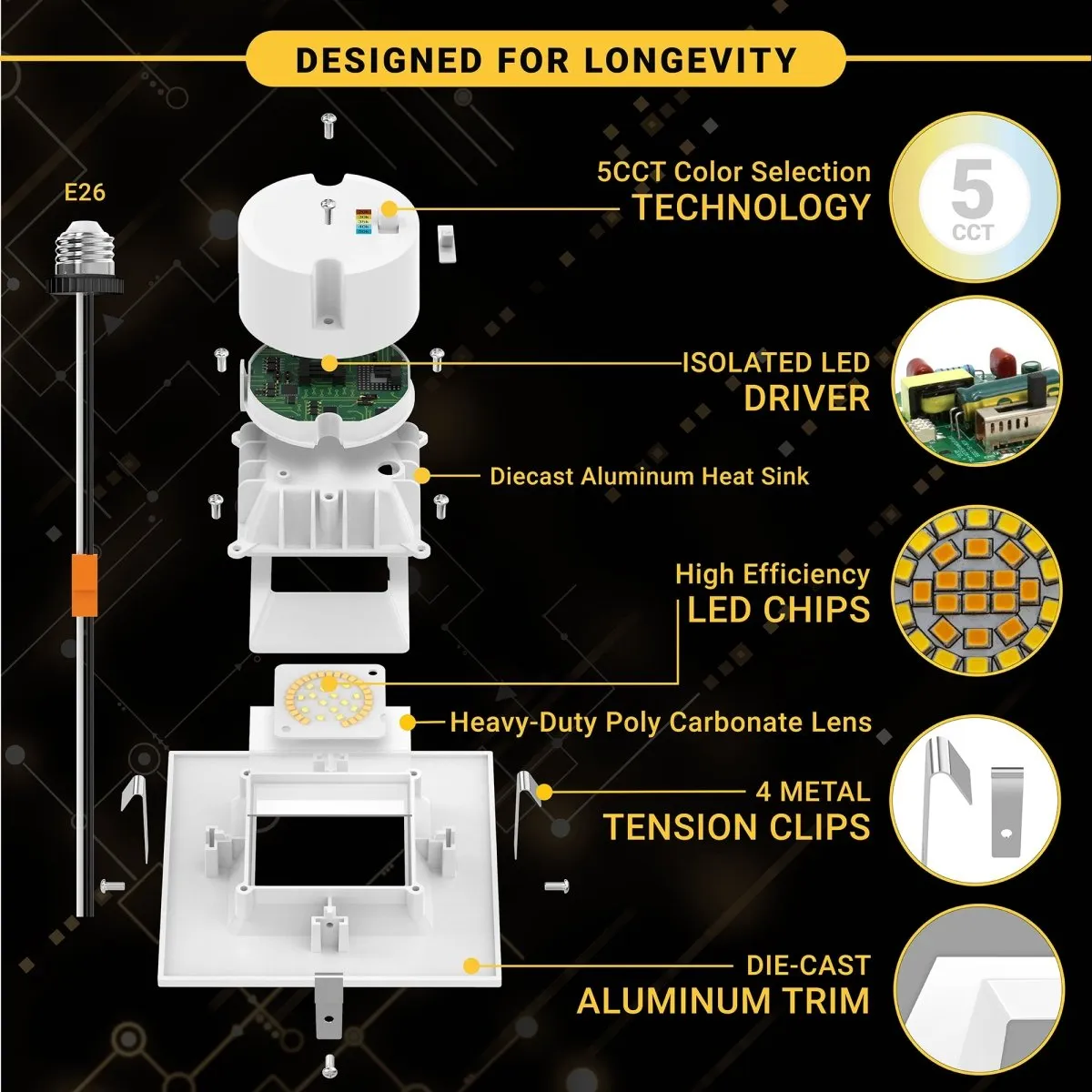 4" Inch Square Recessed Lighting Retrofit Can Lights - Wet Rated - 5CCT 2700K-5000K - 750LM