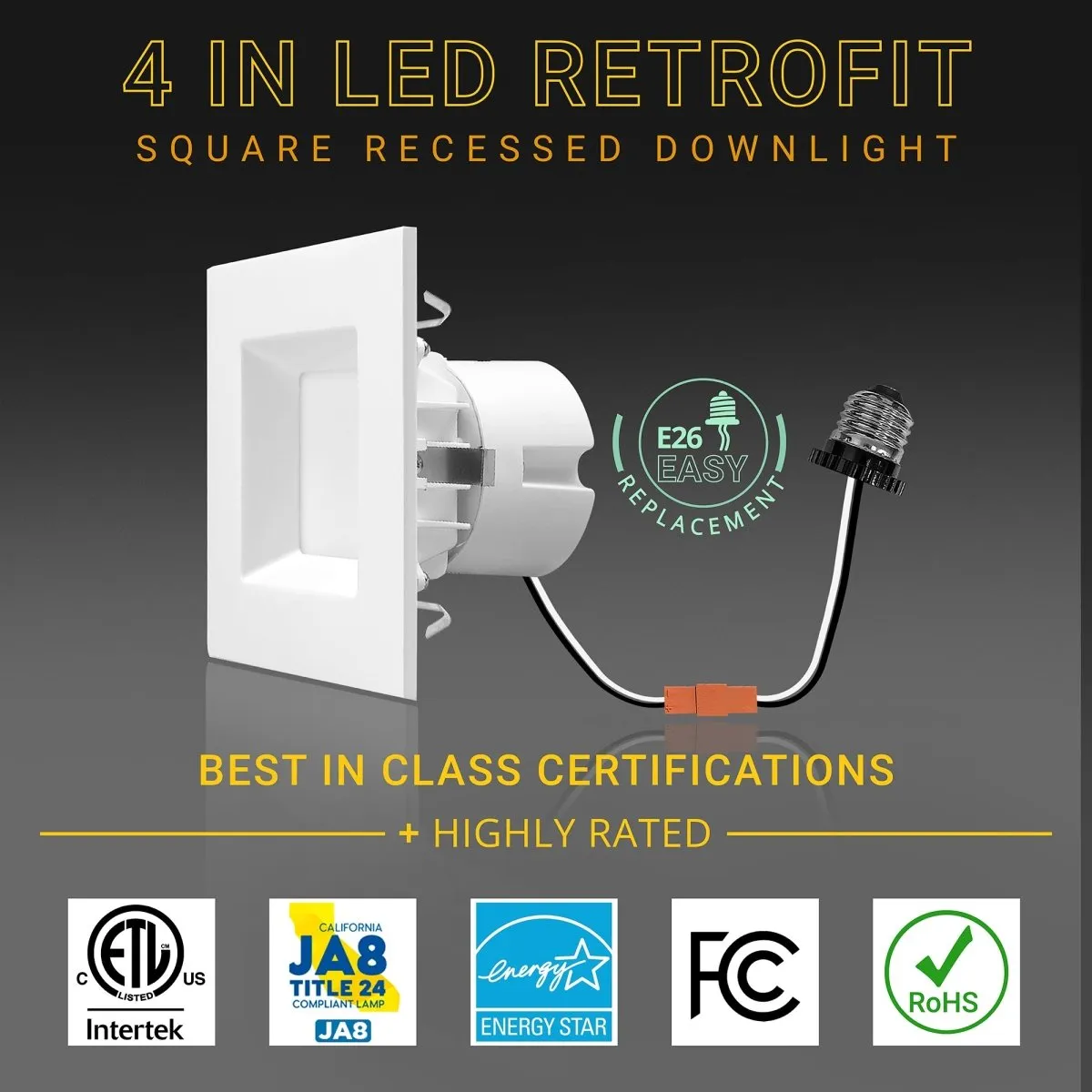 4" Inch Square Recessed Lighting Retrofit Can Lights - Wet Rated - 5CCT 2700K-5000K - 750LM