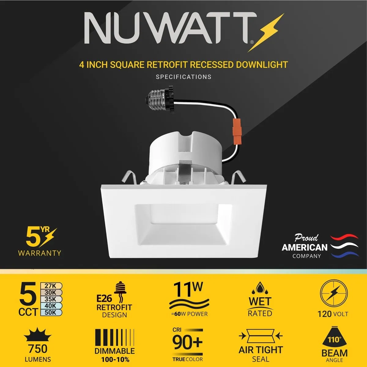 4" Inch Square Recessed Lighting Retrofit Can Lights - Wet Rated - 5CCT 2700K-5000K - 750LM