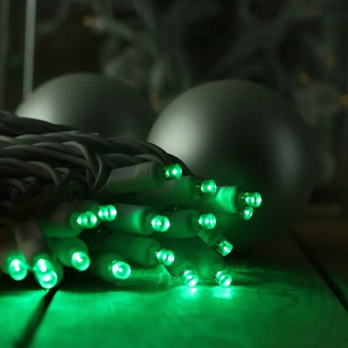 50-light  5mm Green LED Christmas Lights, 4" Spacing White Wire