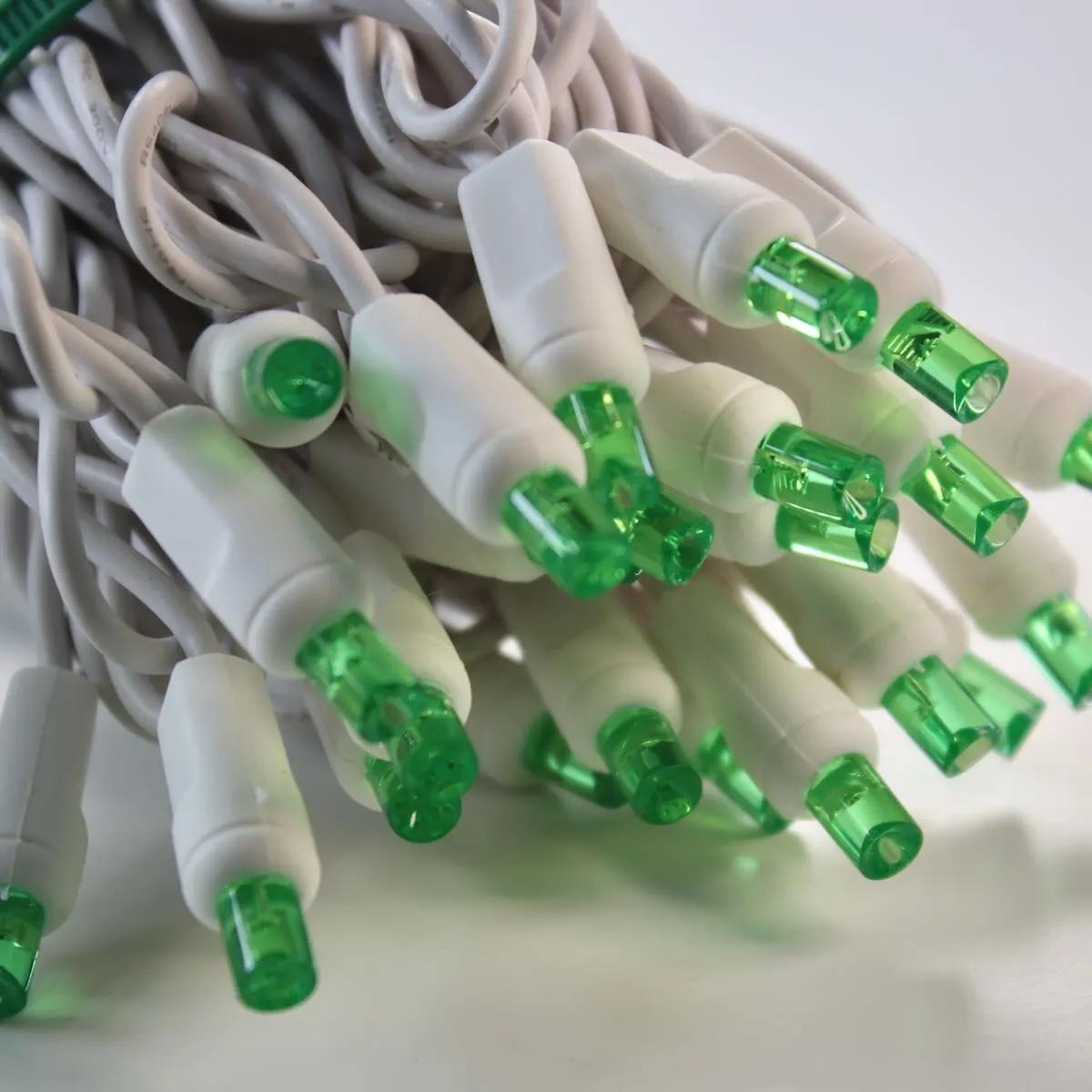 50-light  5mm Green LED Christmas Lights, 4" Spacing White Wire