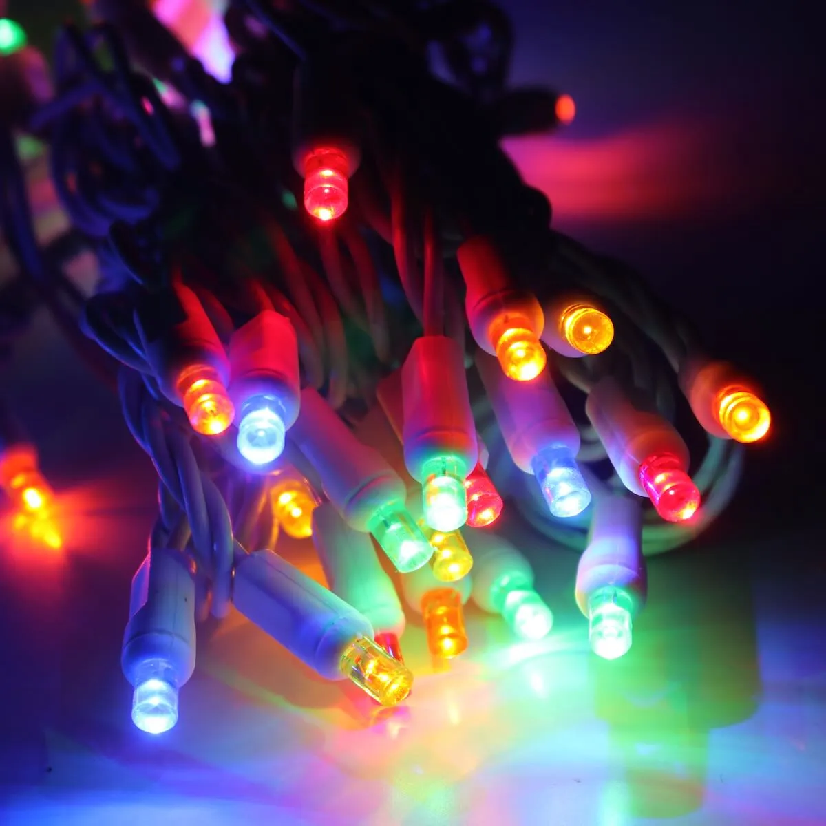 50-light  5mm Multicolor Strobe LED Christmas Lights, 4" Spacing White Wire