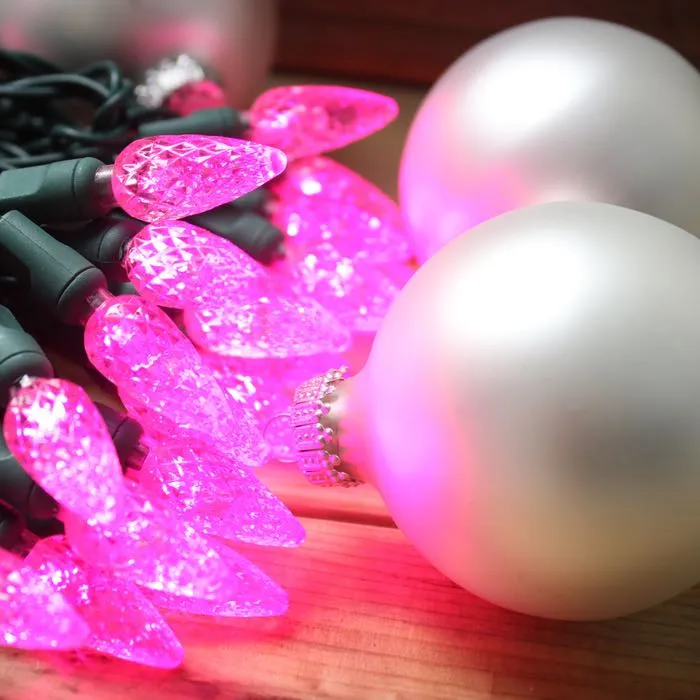 50-light  C6 Pink LED Christmas Lights, 4" Spacing Green Wire