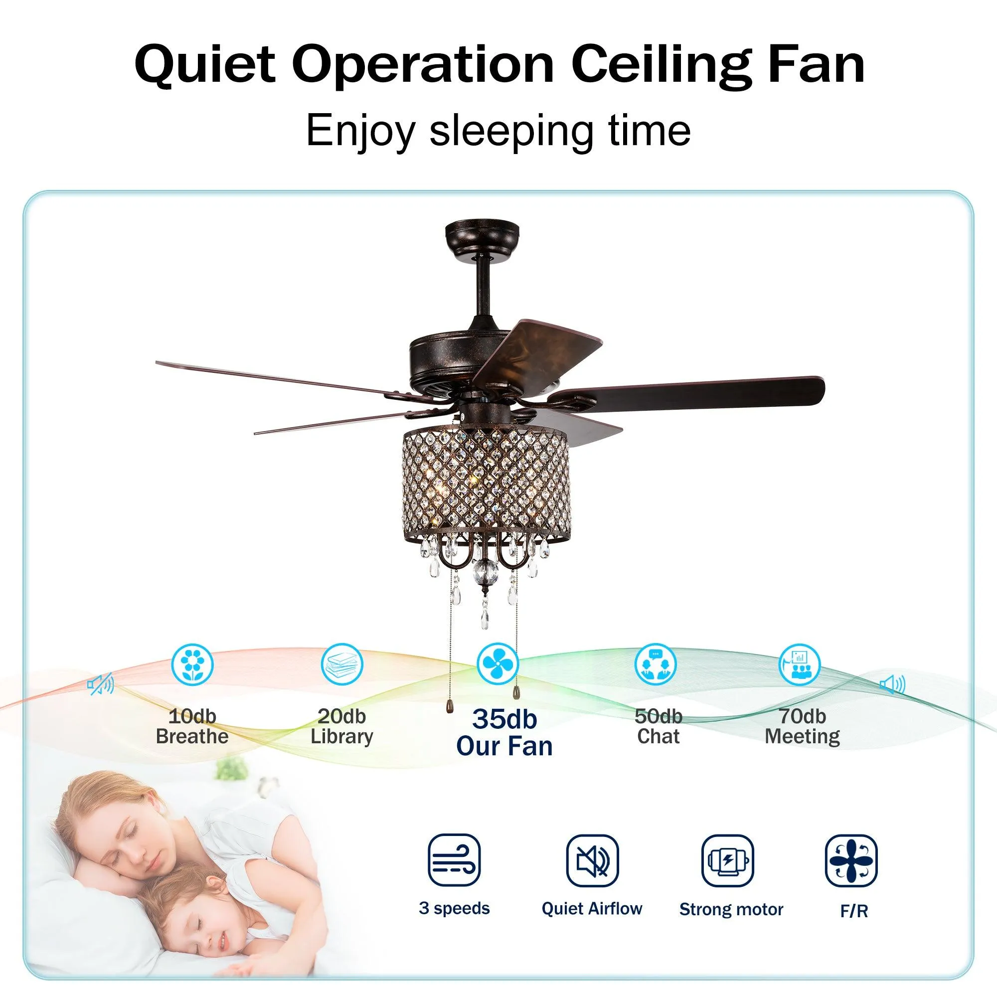 52'' Classical Crystal Ceiling Fan Lamp,3 Speed , 5 Reversible Blades for Living Room, Dining Room, Bedroom, Family Room, Rustic bronze ,3PCS*E12  (NO Include Bulb Hand Pull Chain)