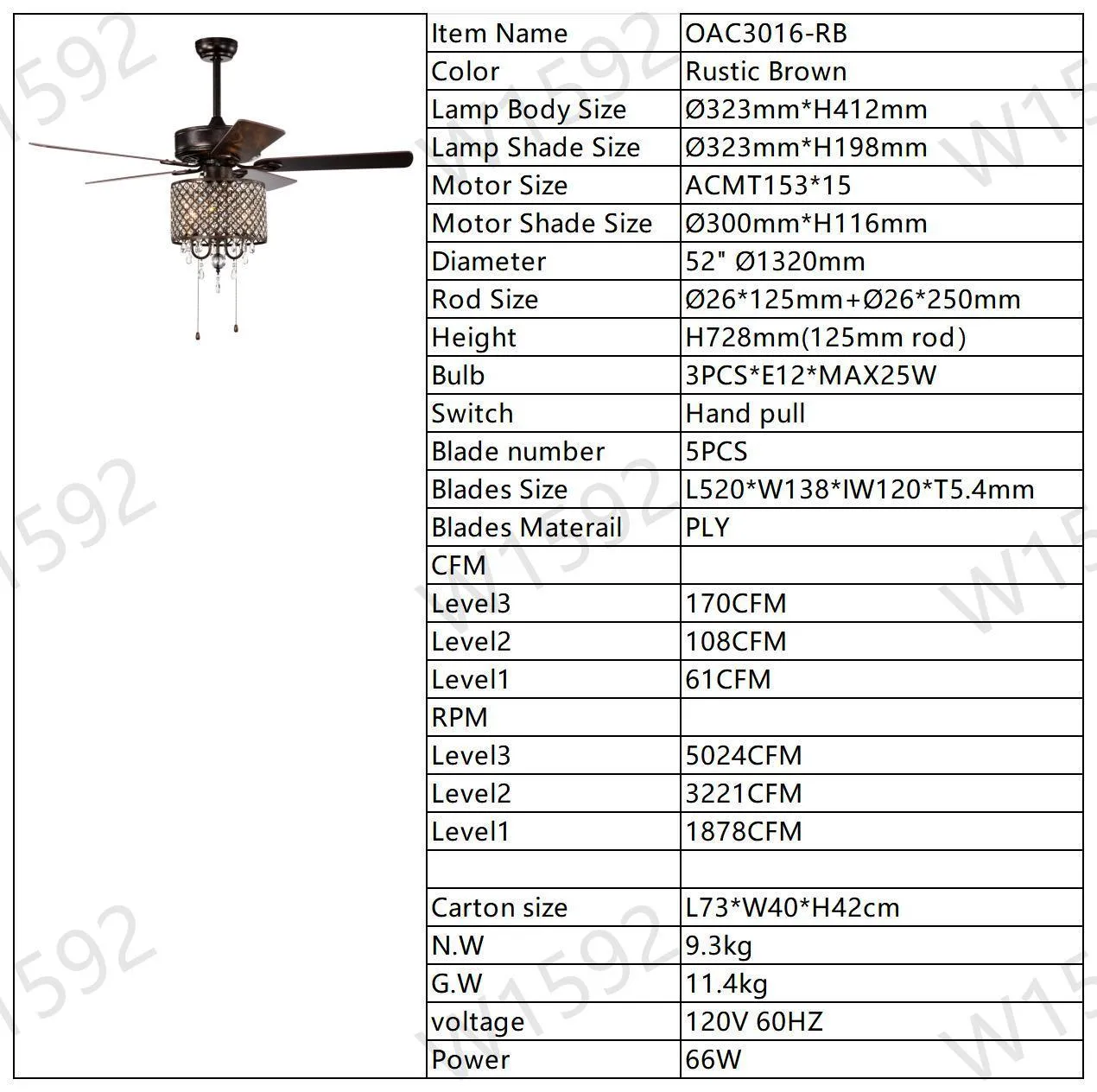 52'' Classical Crystal Ceiling Fan Lamp,3 Speed , 5 Reversible Blades for Living Room, Dining Room, Bedroom, Family Room, Rustic bronze ,3PCS*E12  (NO Include Bulb Hand Pull Chain)