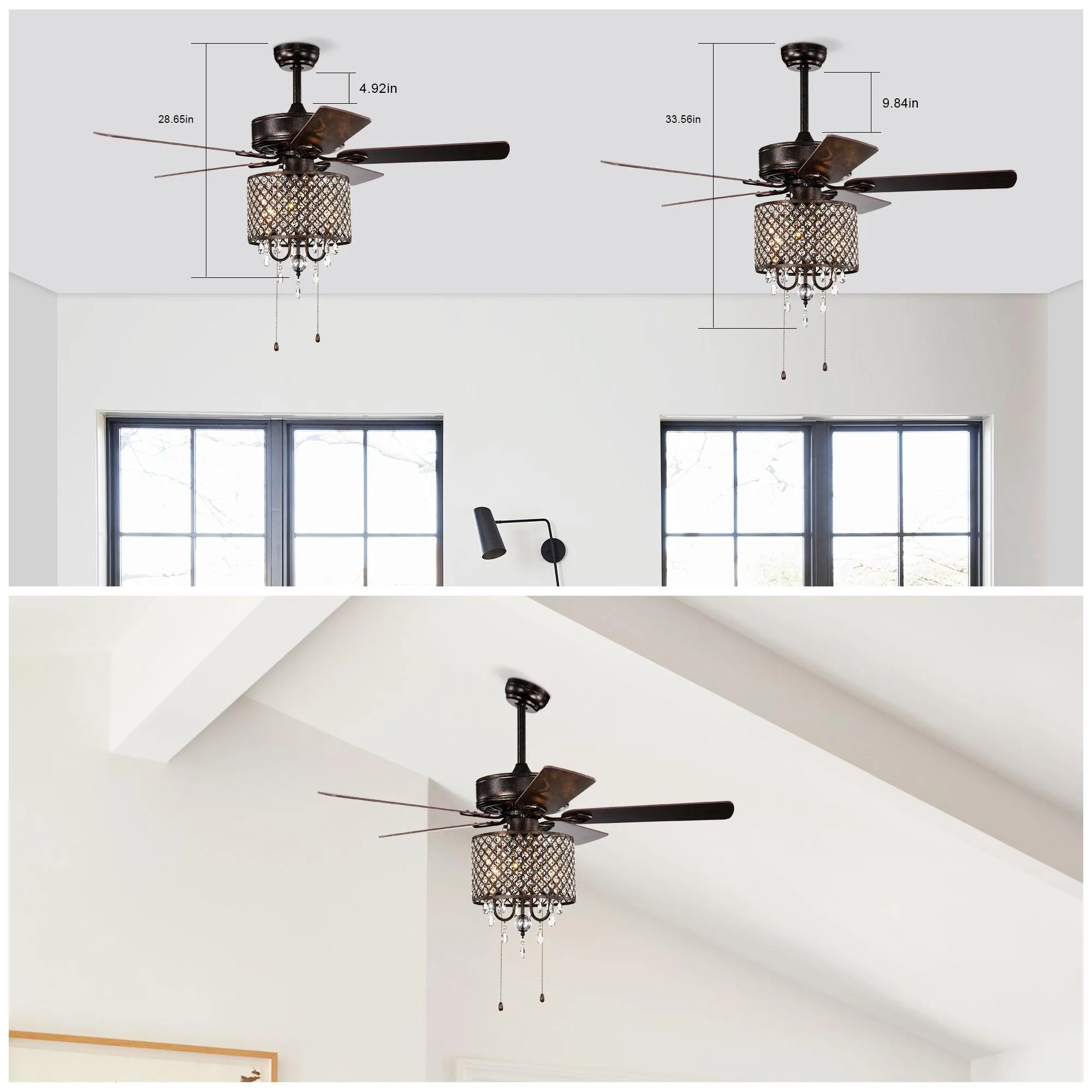 52'' Classical Crystal Ceiling Fan Lamp,3 Speed , 5 Reversible Blades for Living Room, Dining Room, Bedroom, Family Room, Rustic bronze ,3PCS*E12  (NO Include Bulb Hand Pull Chain)