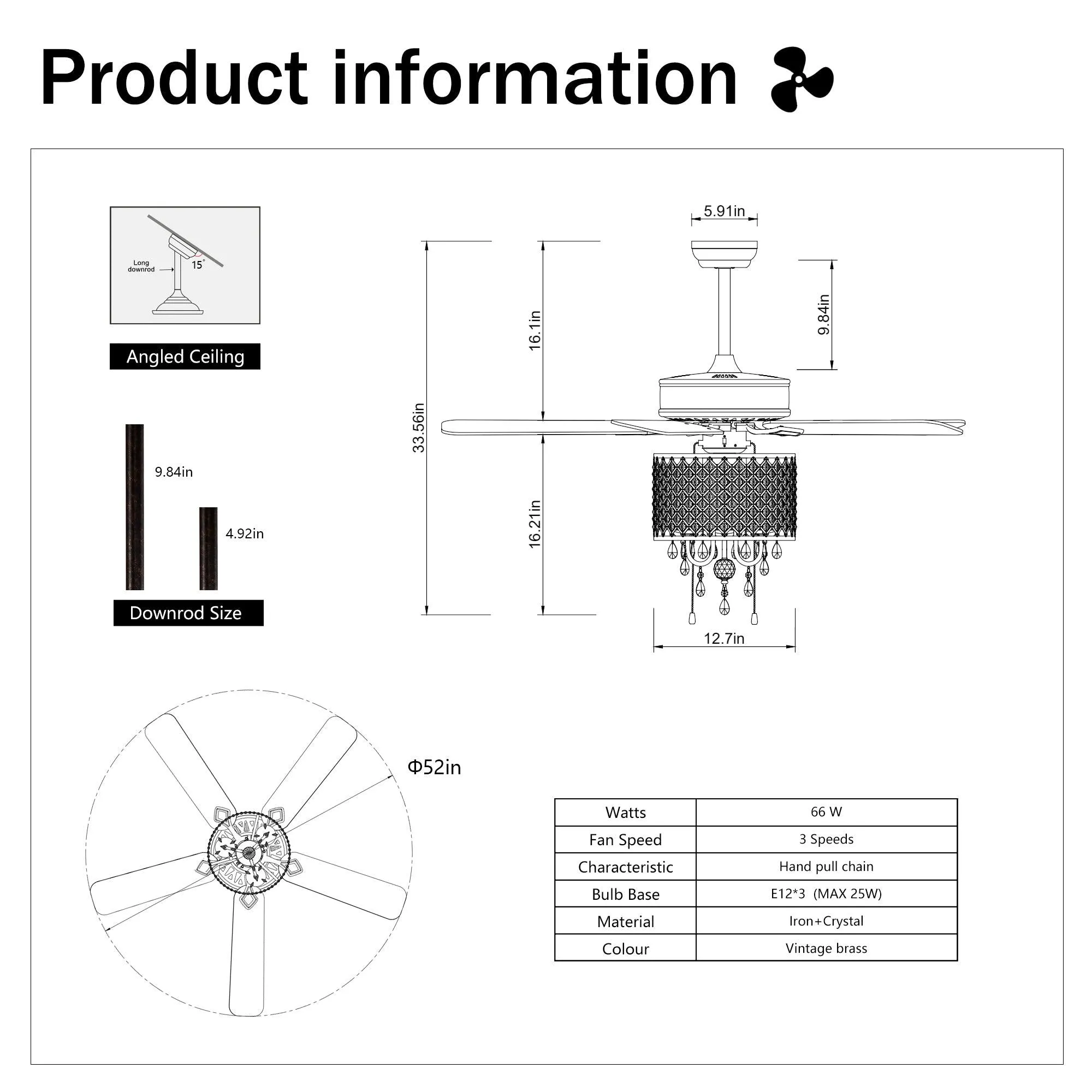 52'' Classical Crystal Ceiling Fan Lamp,3 Speed , 5 Reversible Blades for Living Room, Dining Room, Bedroom, Family Room, Rustic bronze ,3PCS*E12  (NO Include Bulb Hand Pull Chain)