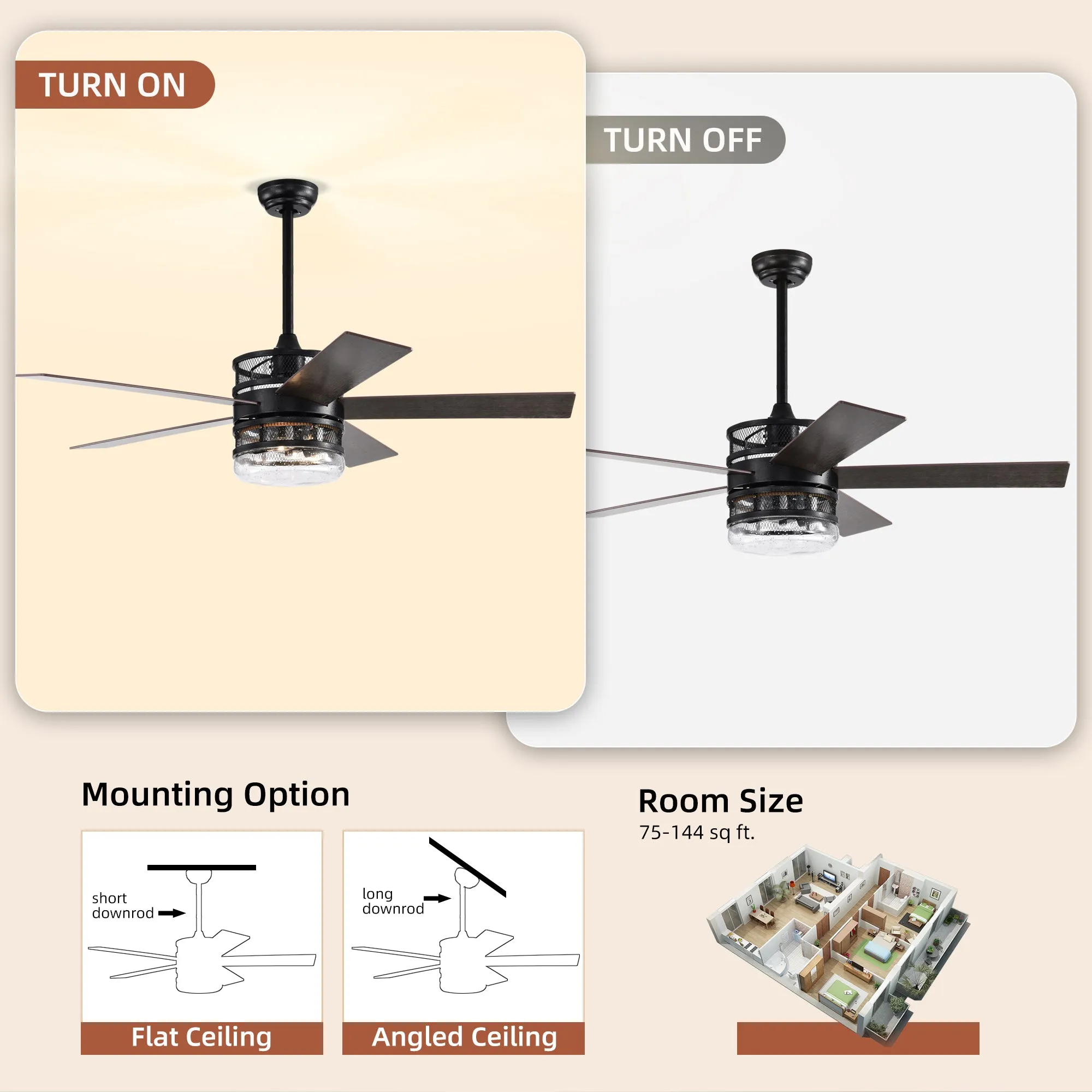 52-inch 5-blade Lighted Ceiling Fan with Remote Control , Glass Shade (Optional Remote) --Matte Black