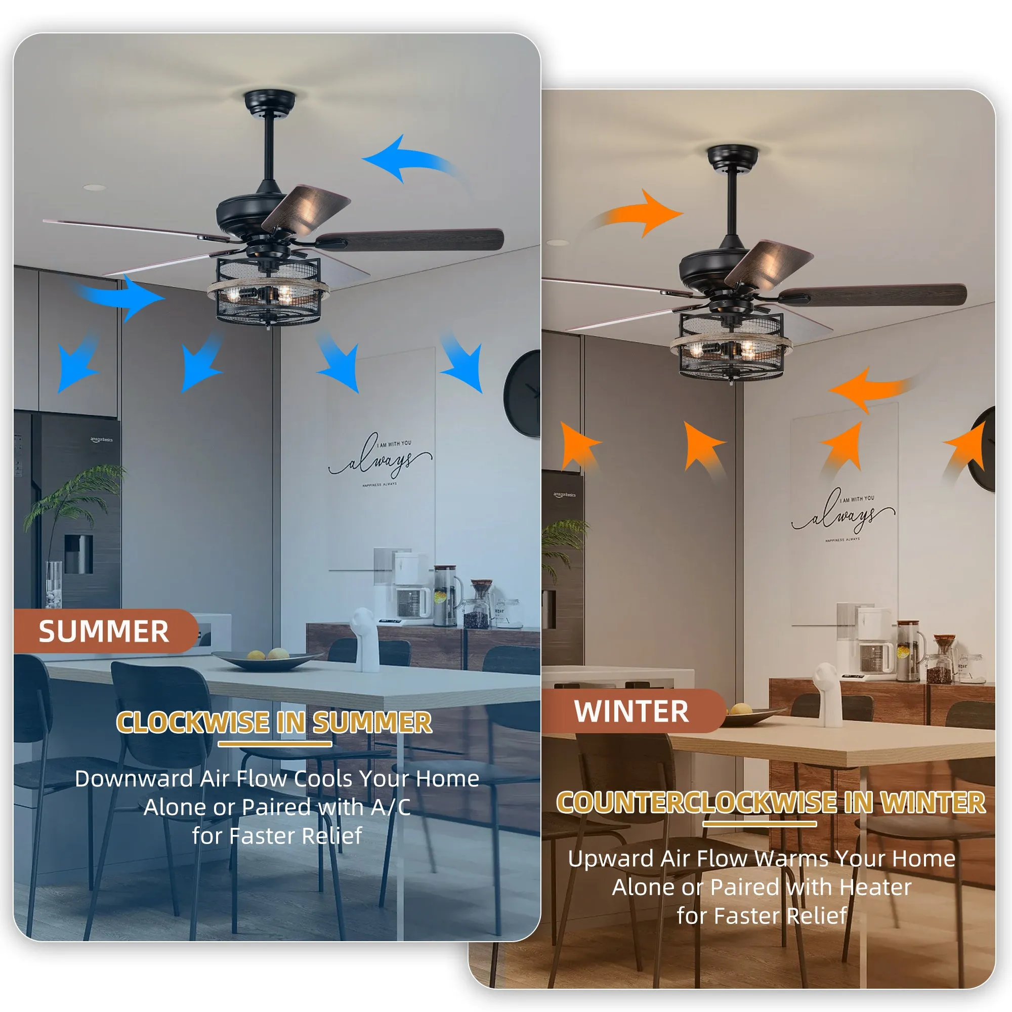 52" Farmhouse Ceiling Fan with  Remote, 3-Lights Ceiling Fan with Light Fixture (No include Bulbs), Ceiling Fan --Black Matte Wood Grain