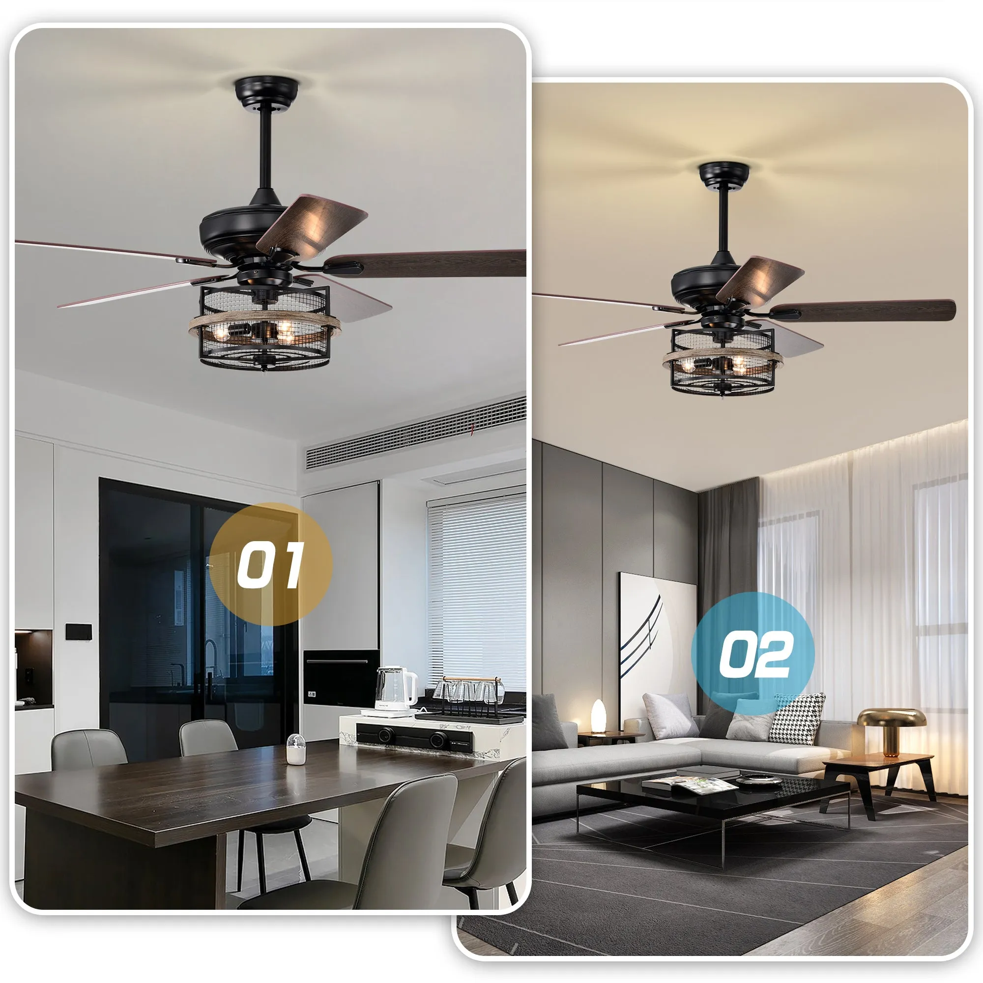 52" Farmhouse Ceiling Fan with  Remote, 3-Lights Ceiling Fan with Light Fixture (No include Bulbs), Ceiling Fan --Black Matte Wood Grain