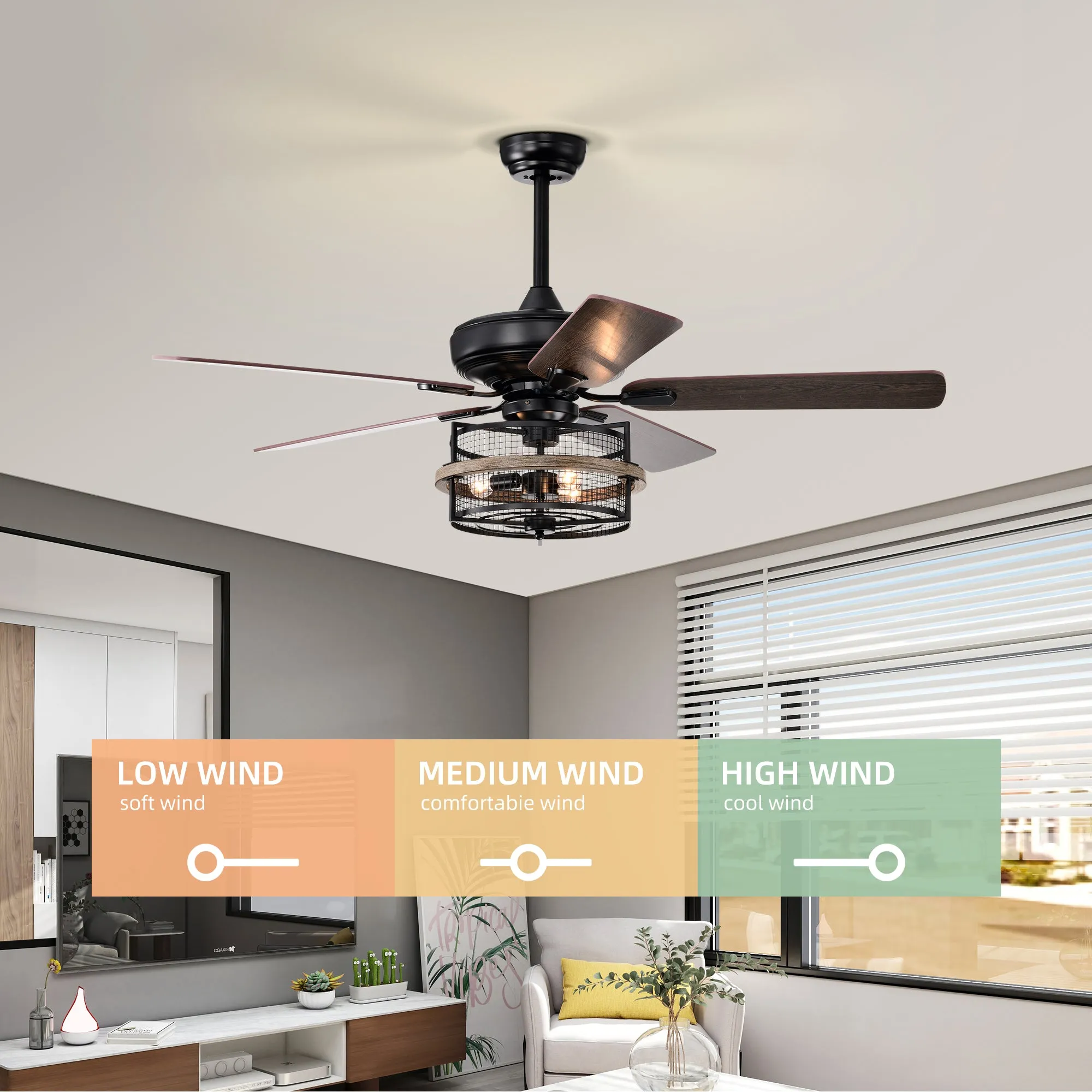 52" Farmhouse Ceiling Fan with  Remote, 3-Lights Ceiling Fan with Light Fixture (No include Bulbs), Ceiling Fan --Black Matte Wood Grain