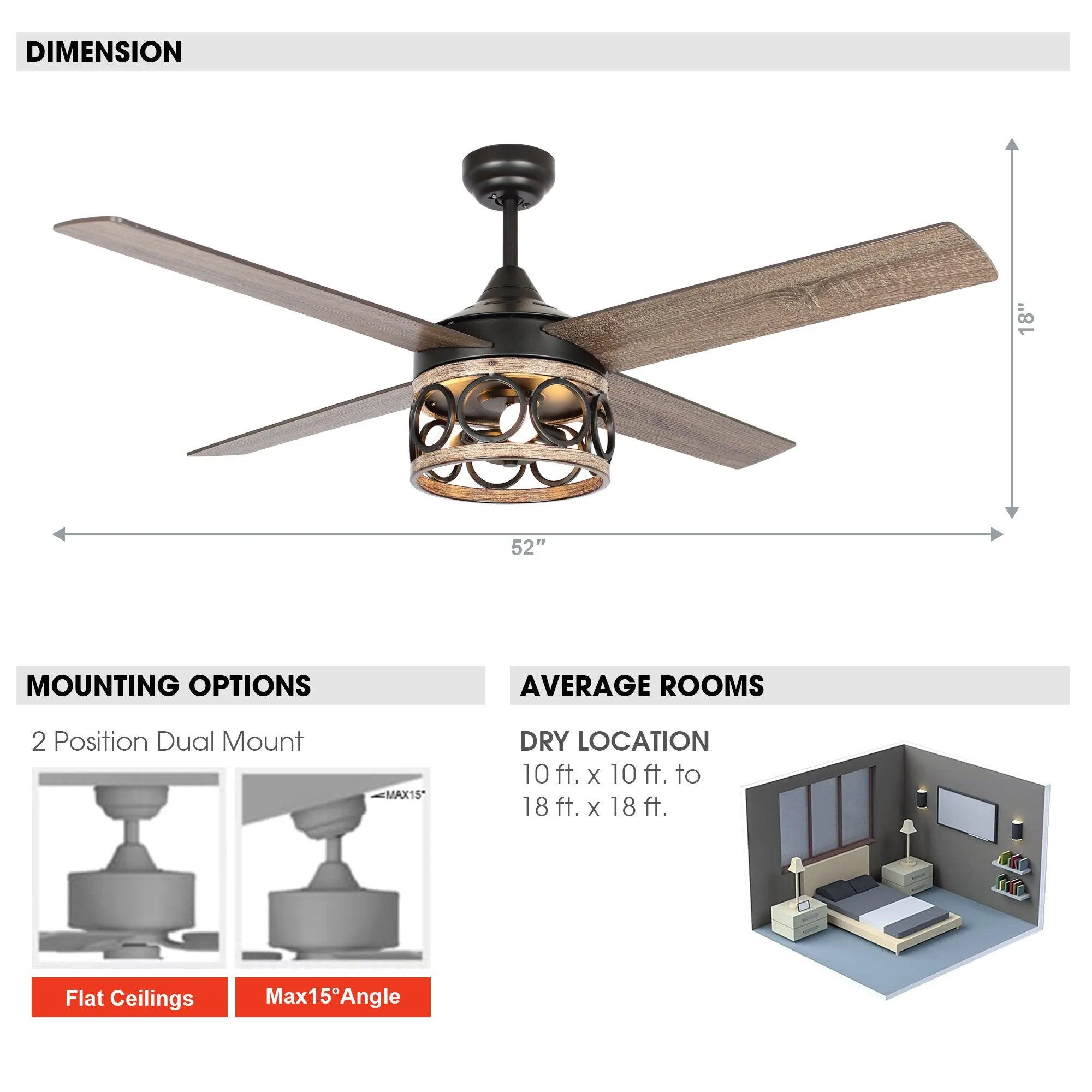 52" Kashmir Farmhouse Downrod Mount Reversible Ceiling Fan with Lighting and Remote Control