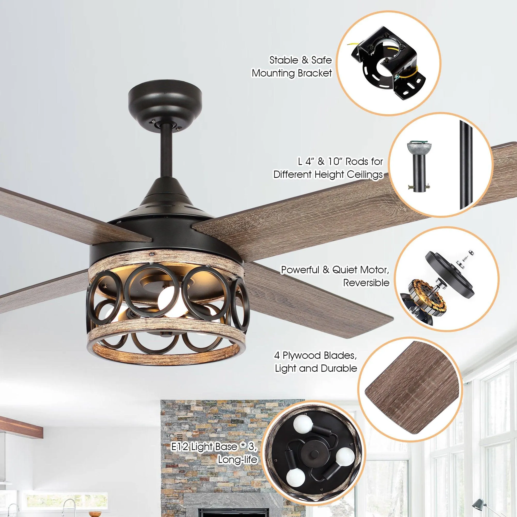 52" Kashmir Farmhouse Downrod Mount Reversible Ceiling Fan with Lighting and Remote Control