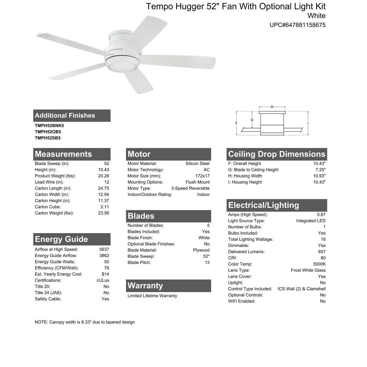 52" Tempo Hugger in White w/ White Blades