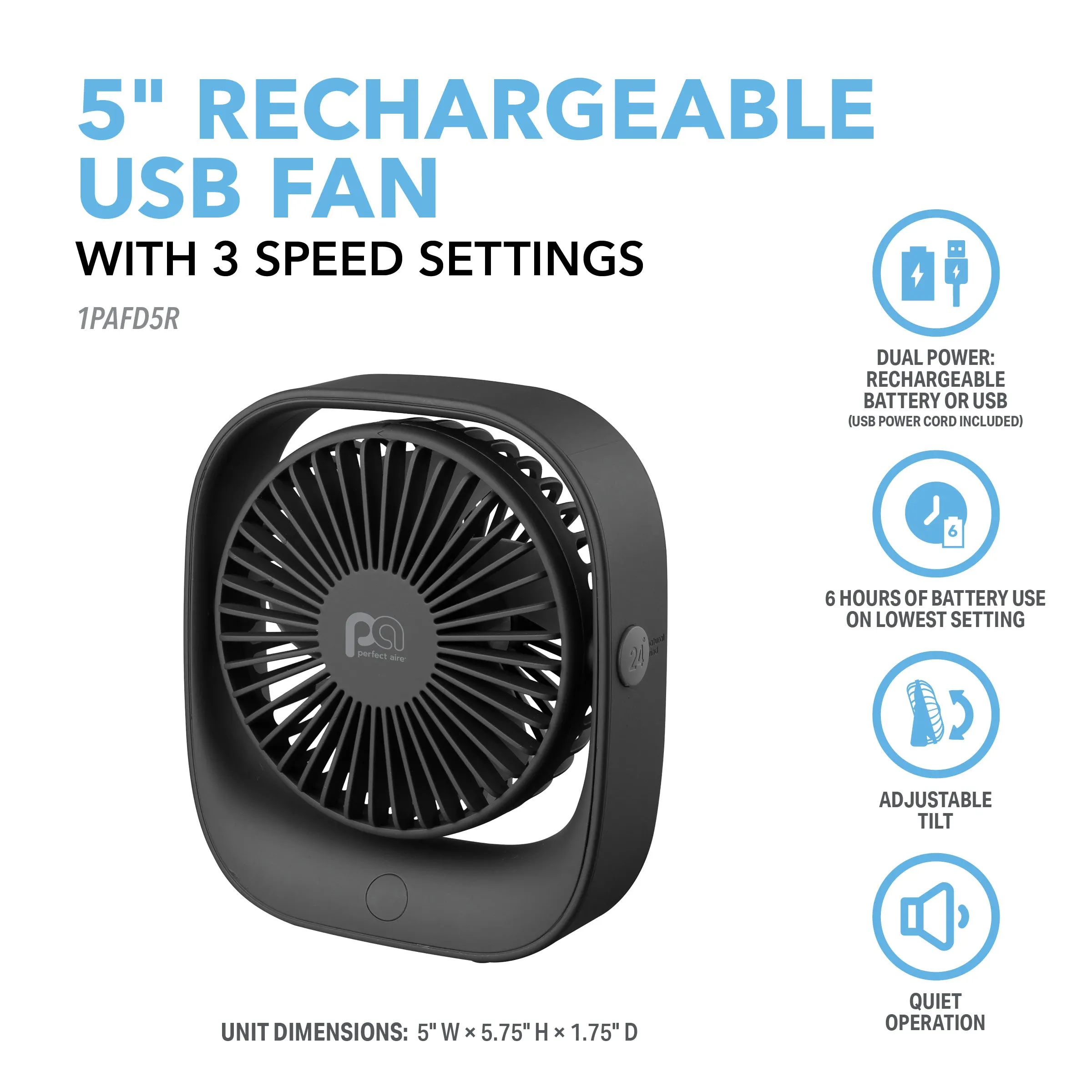 5" Rechargeable USB Fan with Adjustable Tilting Head and 3 Fan Speeds