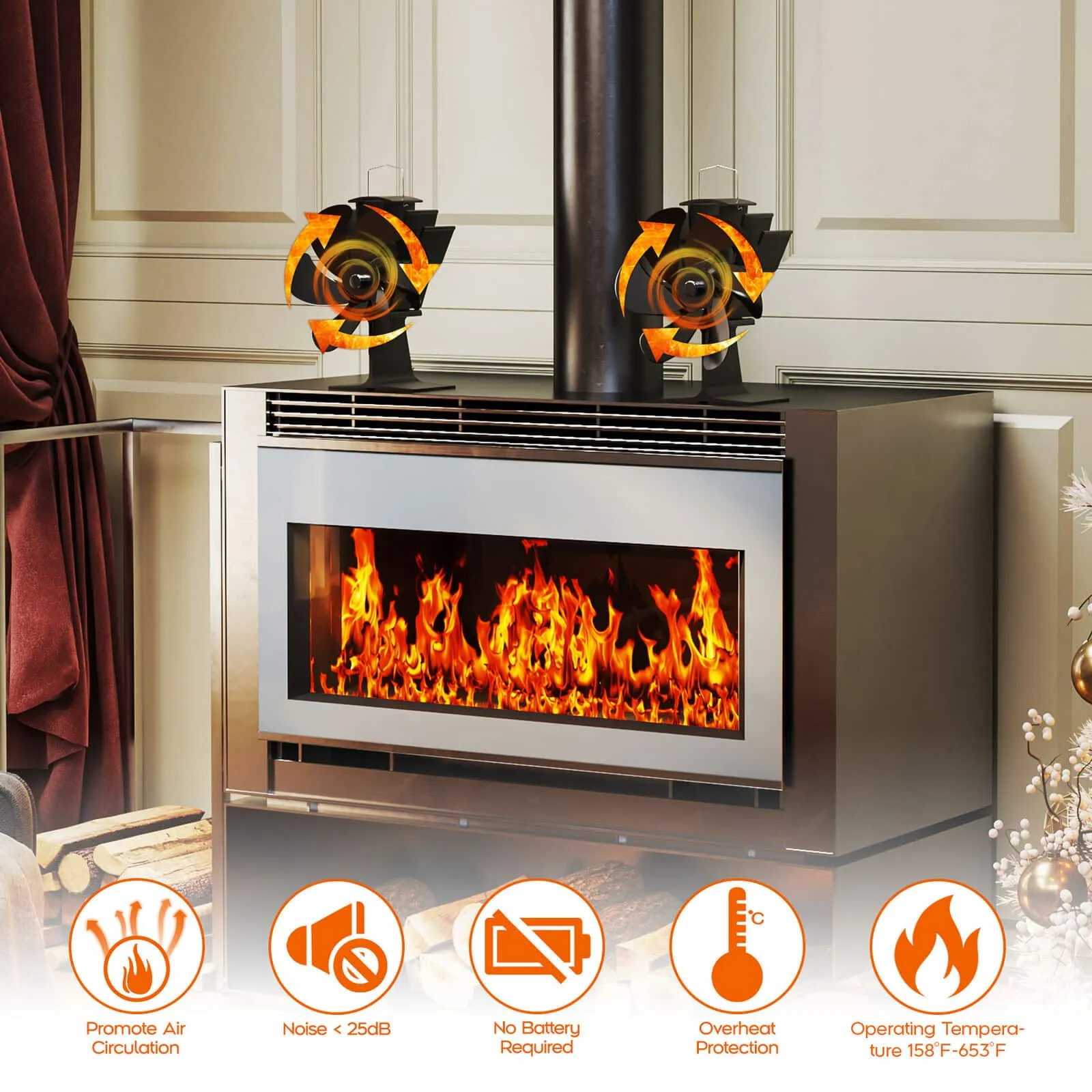 6 Blades Heat Powered Fireplace Stove Fan -  360° Rotation Log Wood Burner